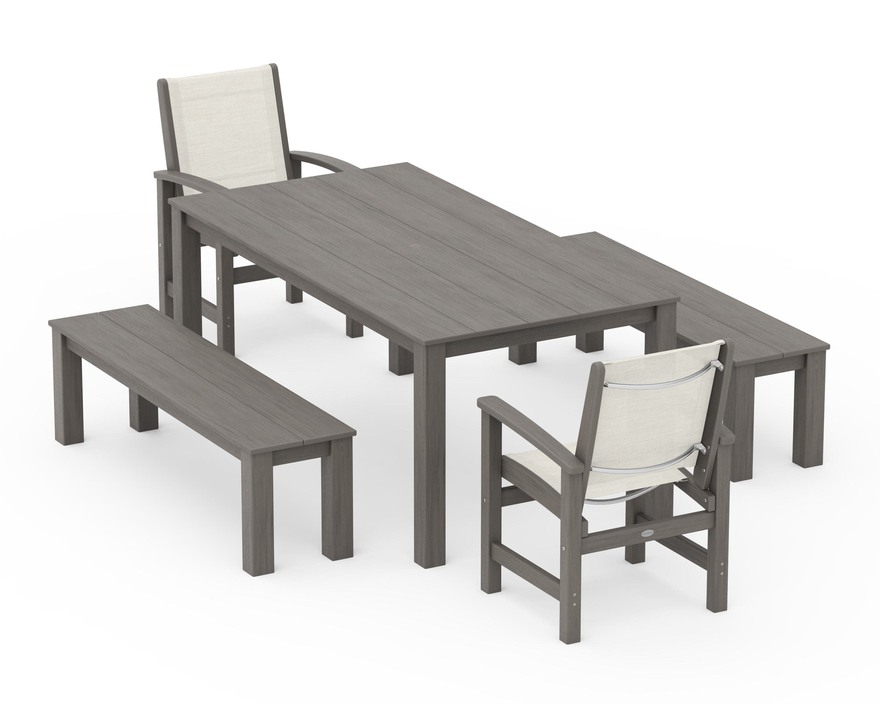 Coastal 5-Piece Parsons Dining Set with Benches in Driftwood / Parchment Sling