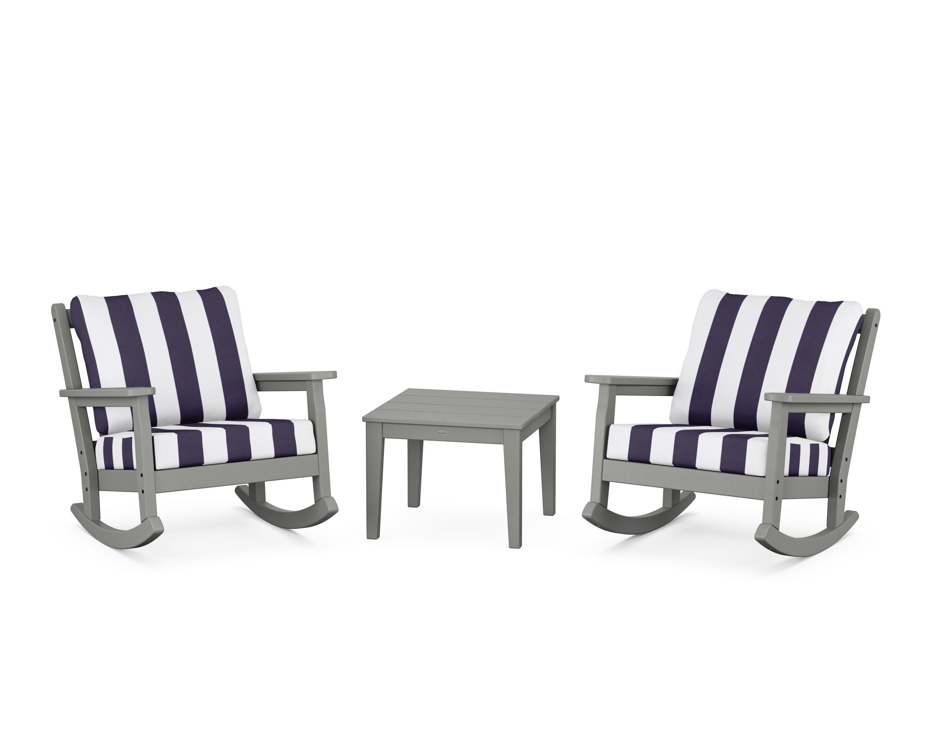 Chippendale 3-Piece Deep Seating Rocker Set in Slate Grey / Cabana Stripe Navy