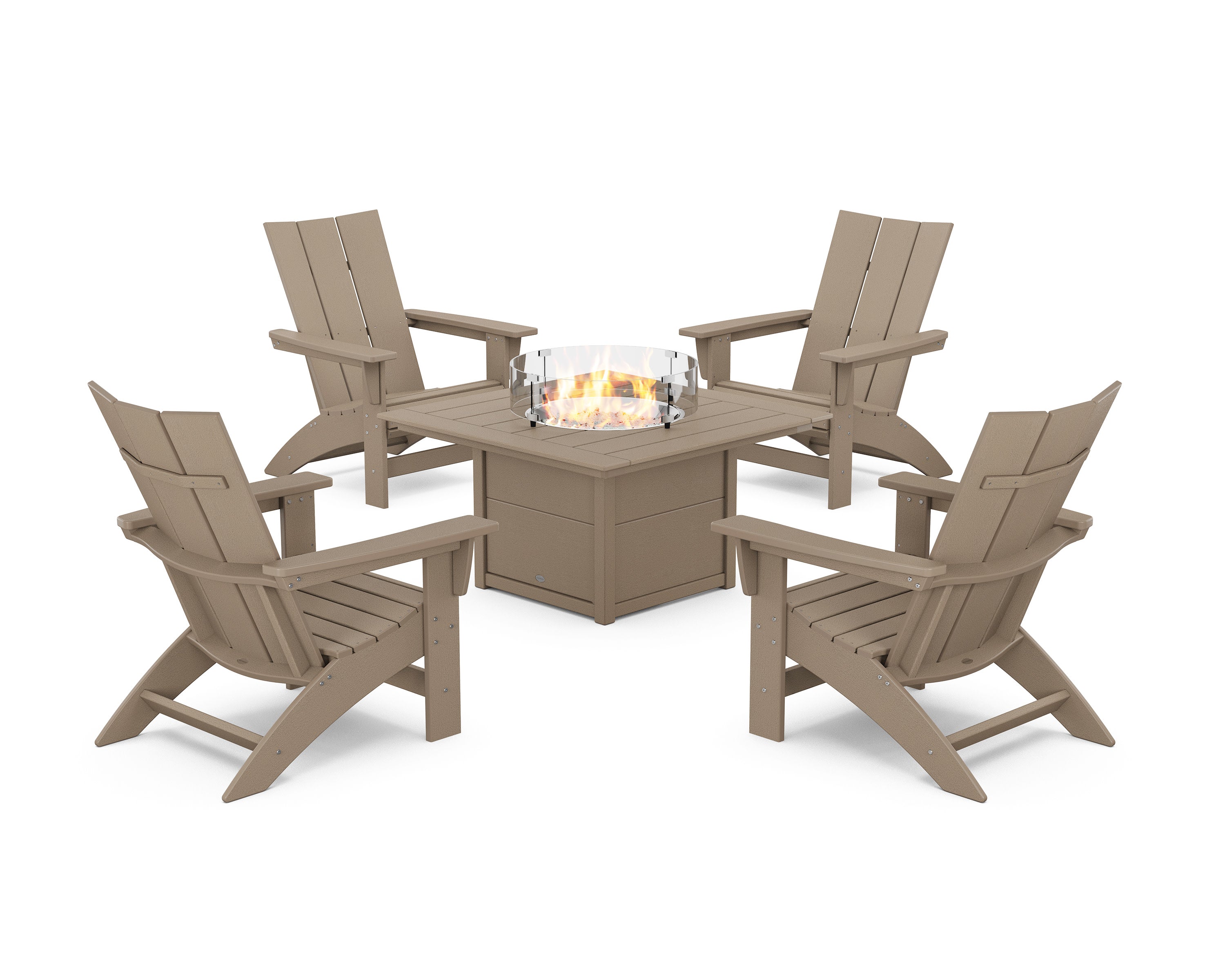 5-Piece Modern Grand Adirondack Conversation Set with Fire Pit Table in Vintage Sahara