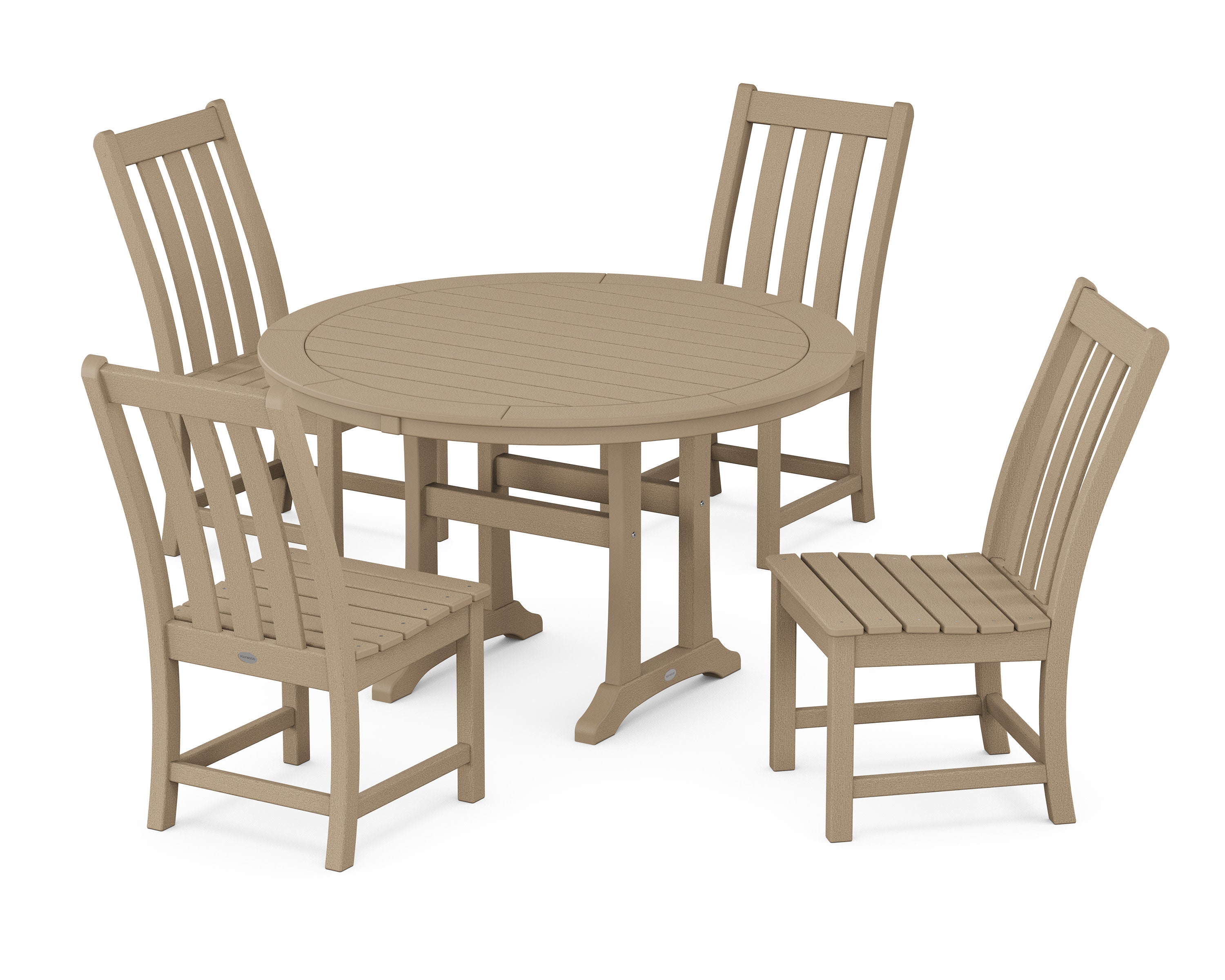 Vineyard Side Chair 5-Piece Round Dining Set With Trestle Legs in Vintage Sahara
