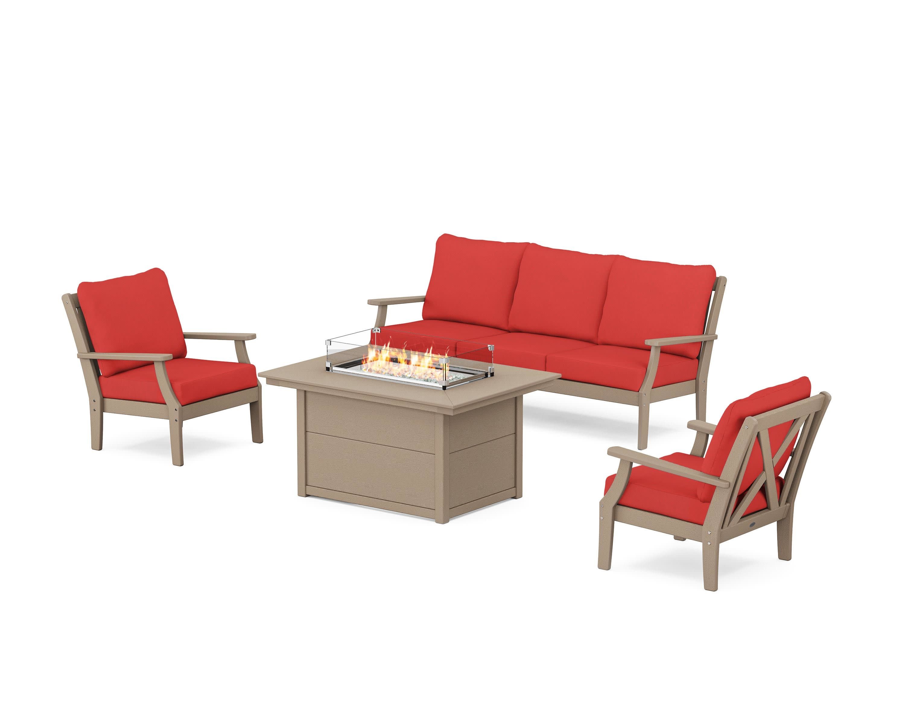 Braxton Deep Seating Fire Pit Table Set in Vintage Sahara / Crimson Linen