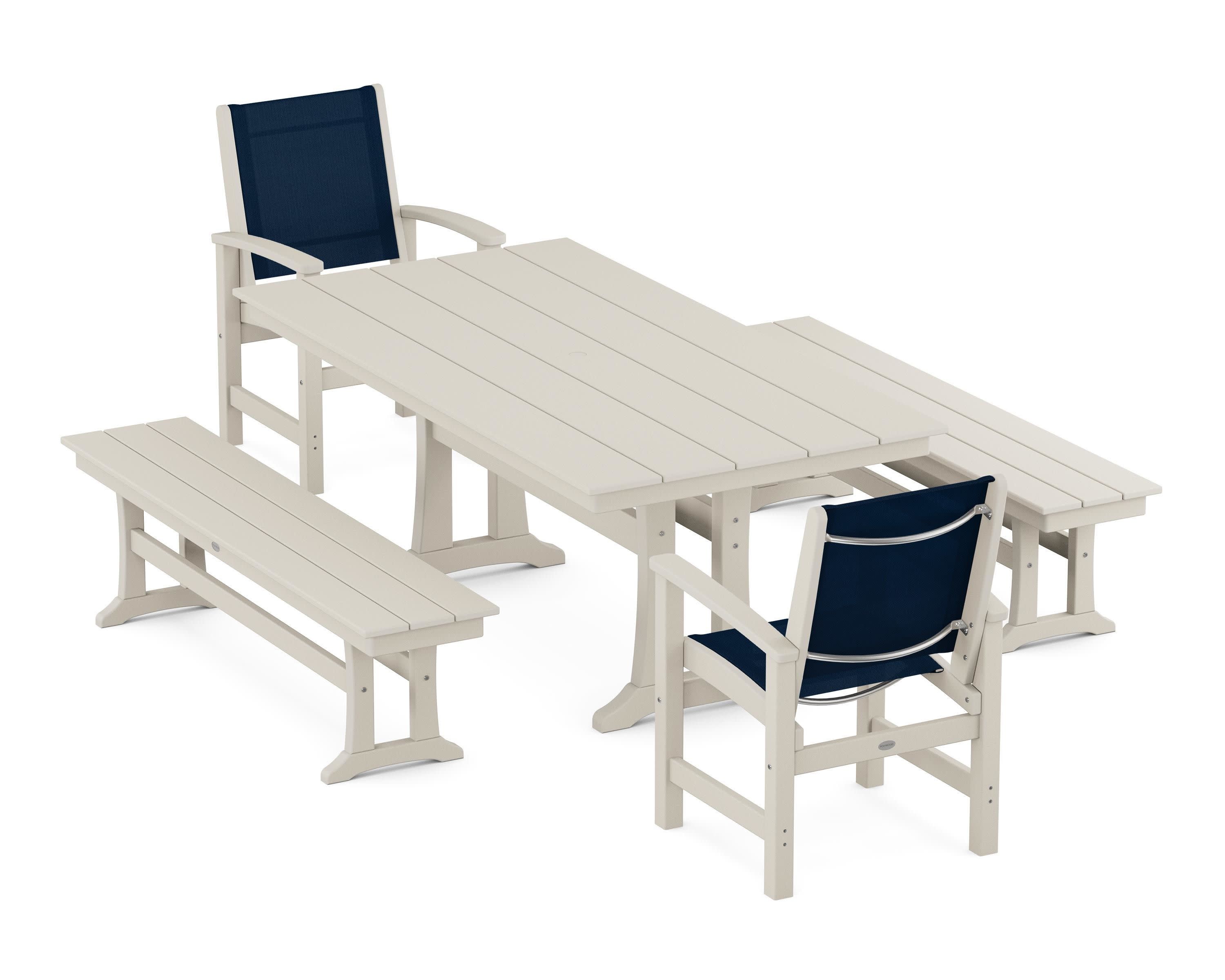 Coastal 5-Piece Farmhouse Dining Set with Trestle Legs and Benches in Sand / Navy Blue Sling