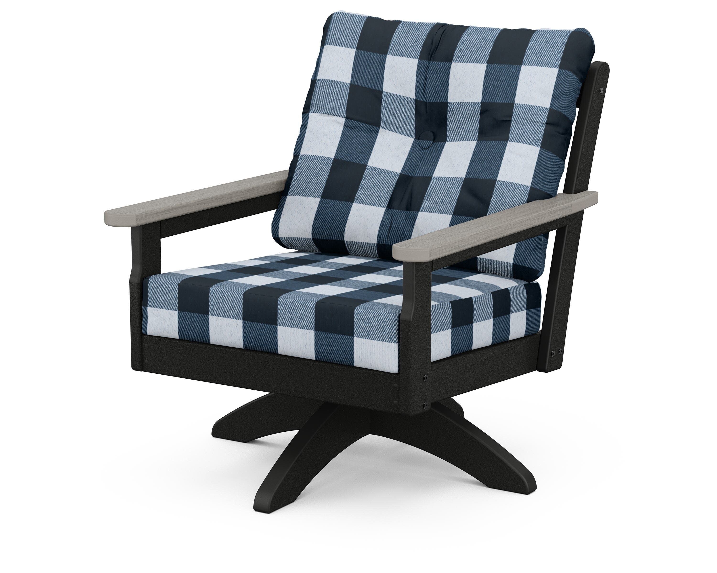 Vineyard Deep Seating Swivel Chair in Black / Driftwood / Buffalo Plaid Marine Indigo