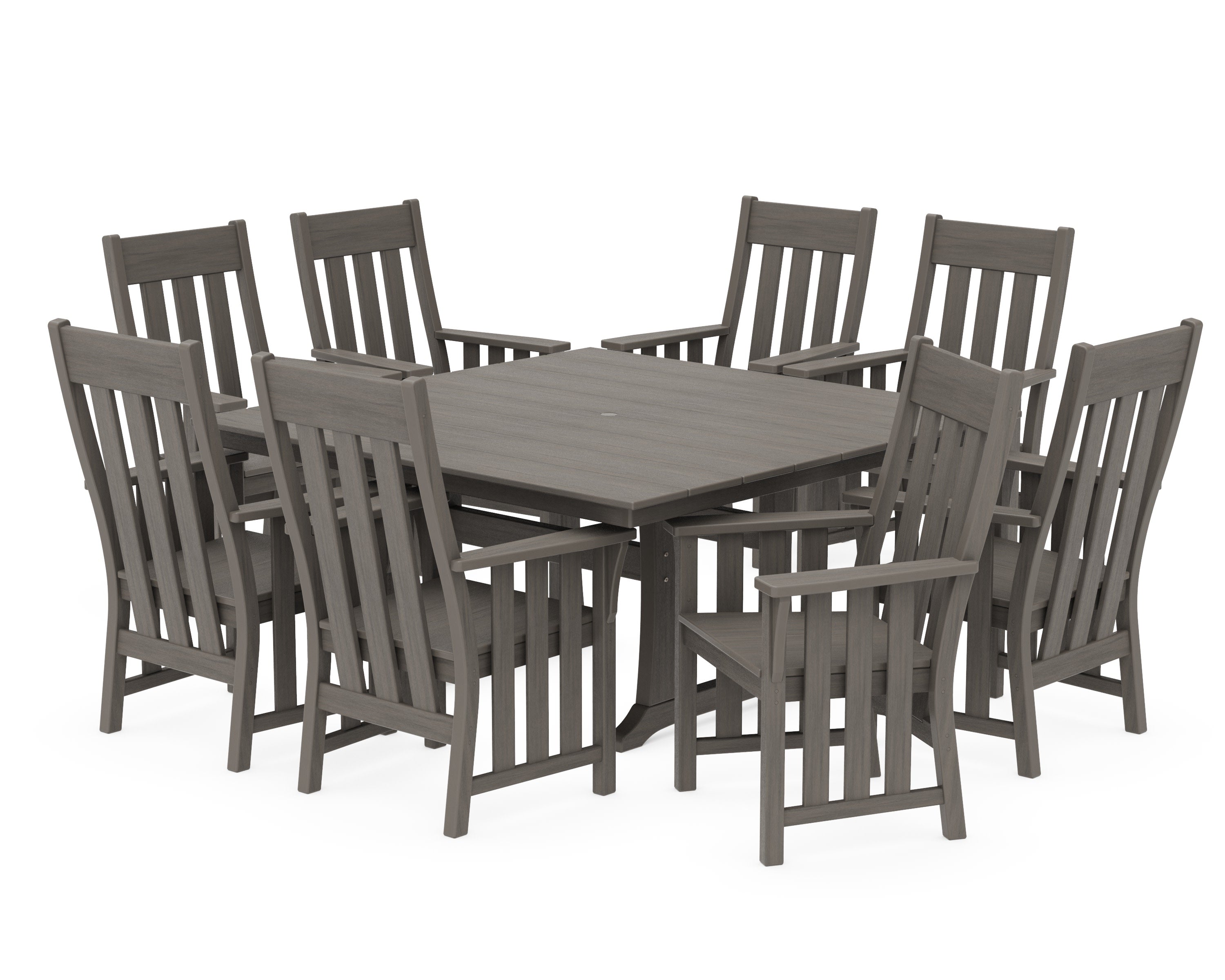 Acadia 9-Piece Square Farmhouse Dining Set with Trestle Legs in Driftwood