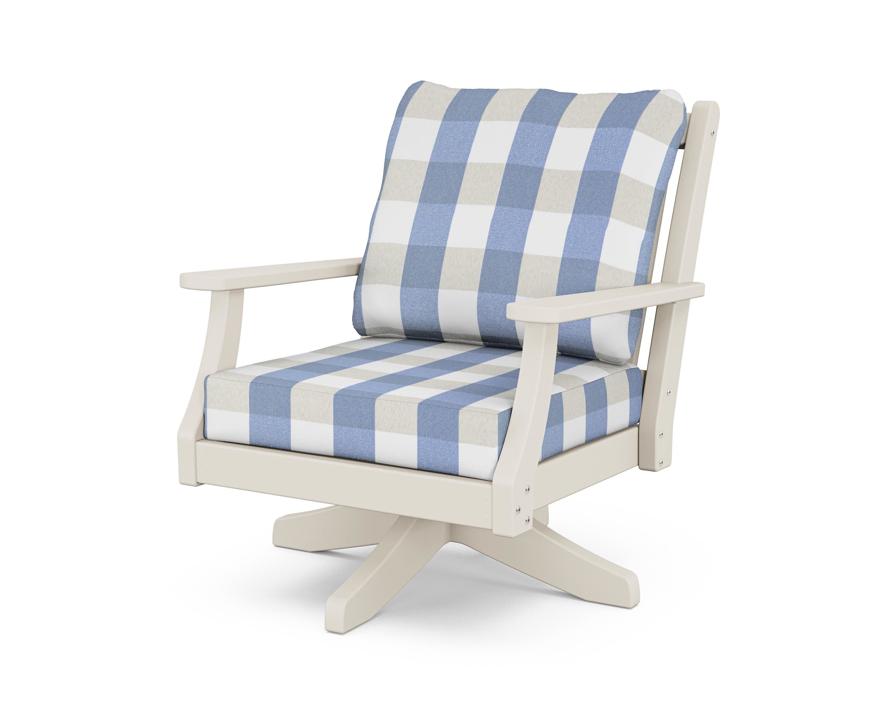 Wovendale Deep Seating Swivel Chair in Sand / Buffalo Plaid Sky Blue