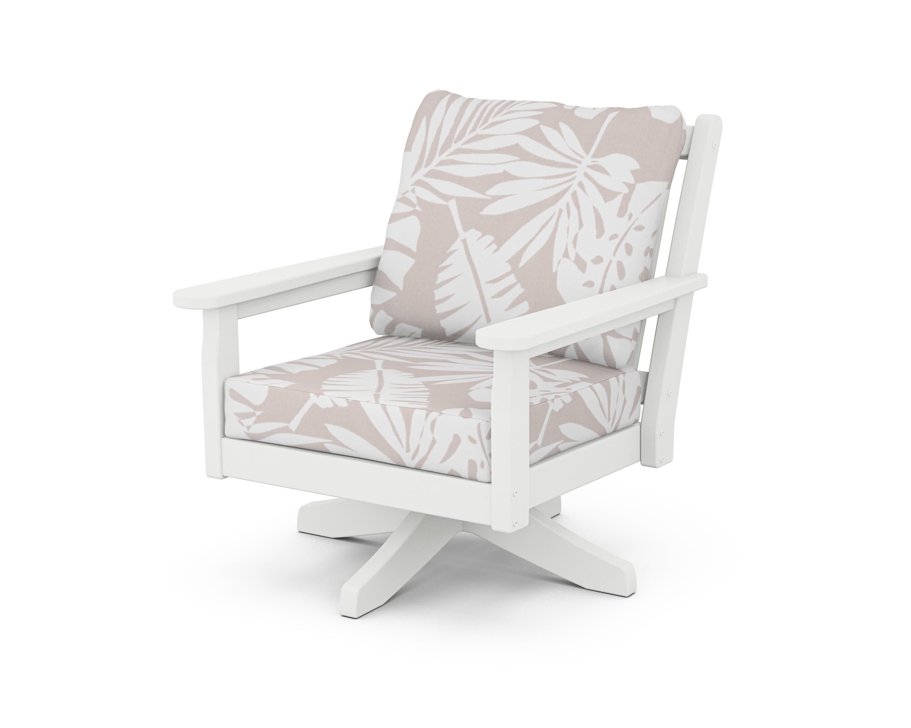 Chippendale Deep Seating Swivel Chair in White / Leaf Dune Burlap