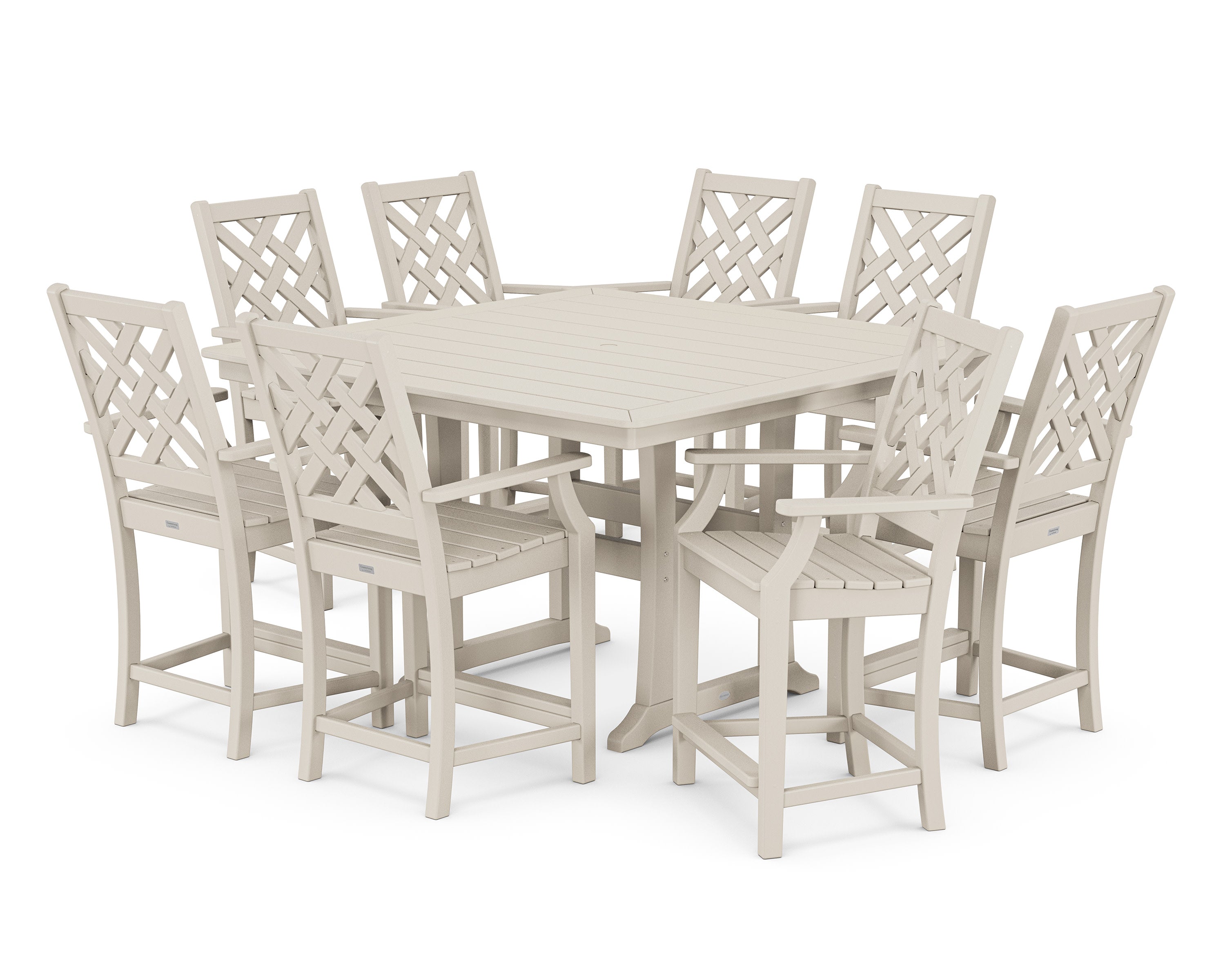 Wovendale 9-Piece Square Counter Set with Trestle Legs in Sand