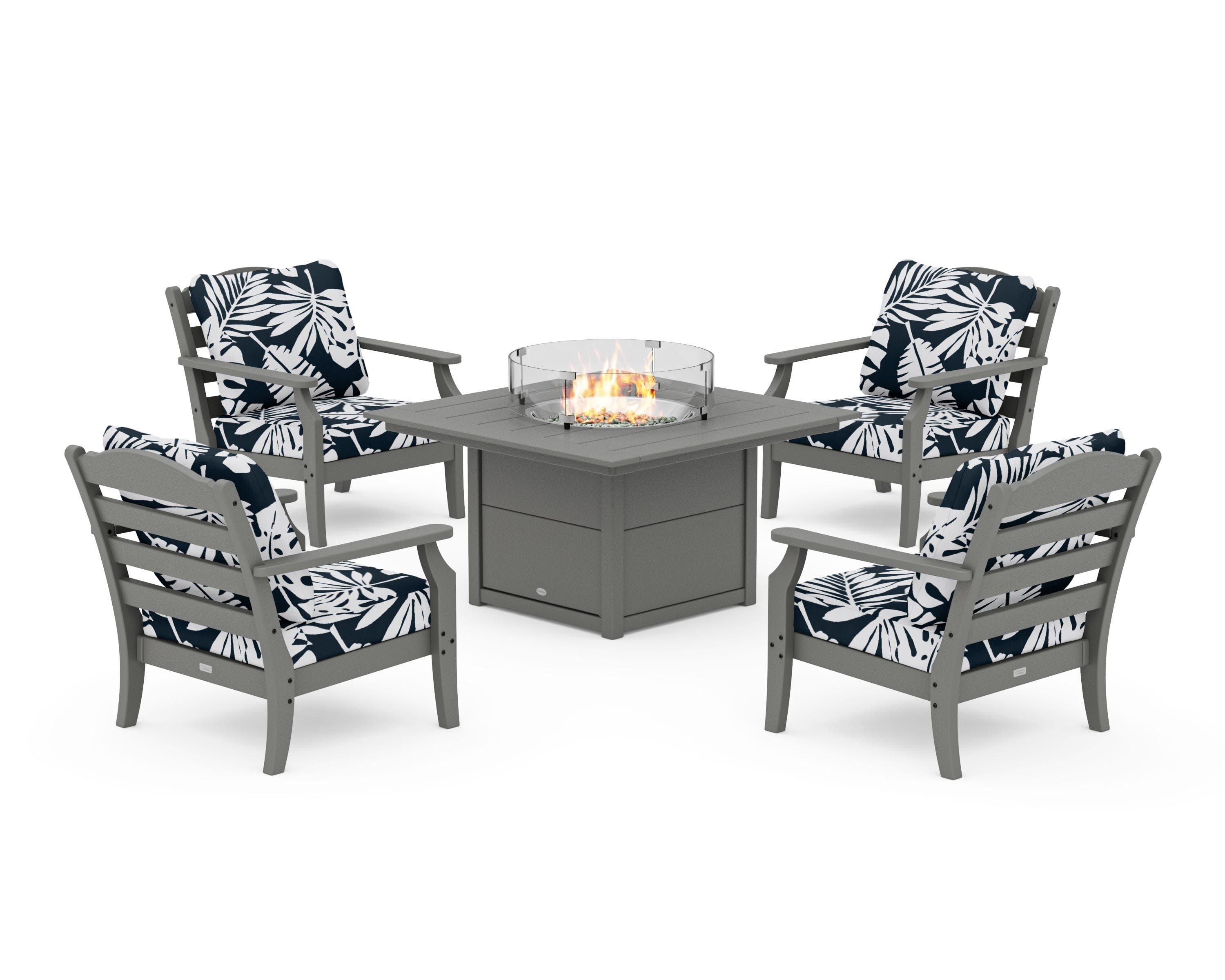 Savannah 5-Piece Deep Seating Set with Fire Pit Table in Slate Grey / Leaf Marine Indigo