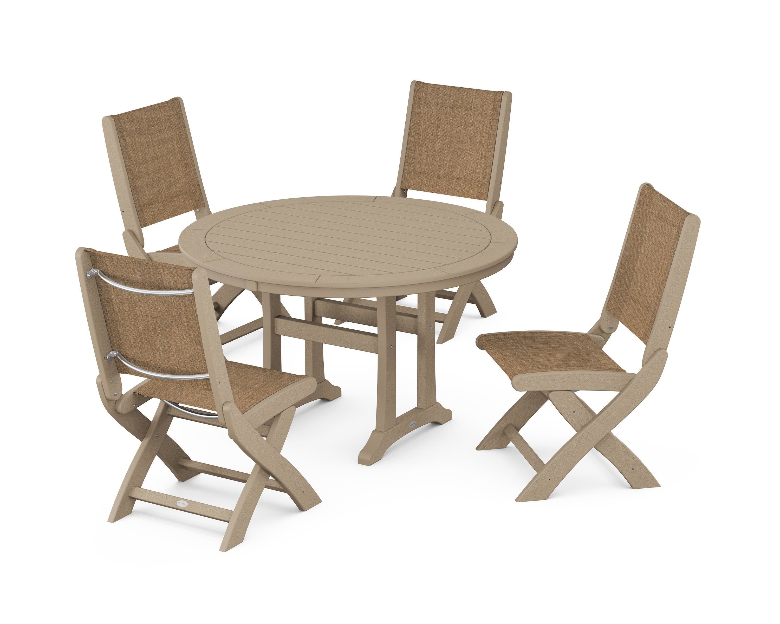 Coastal Folding Side Chair 5-Piece Round Dining Set With Trestle Legs in Vintage Sahara / Burlap Sling