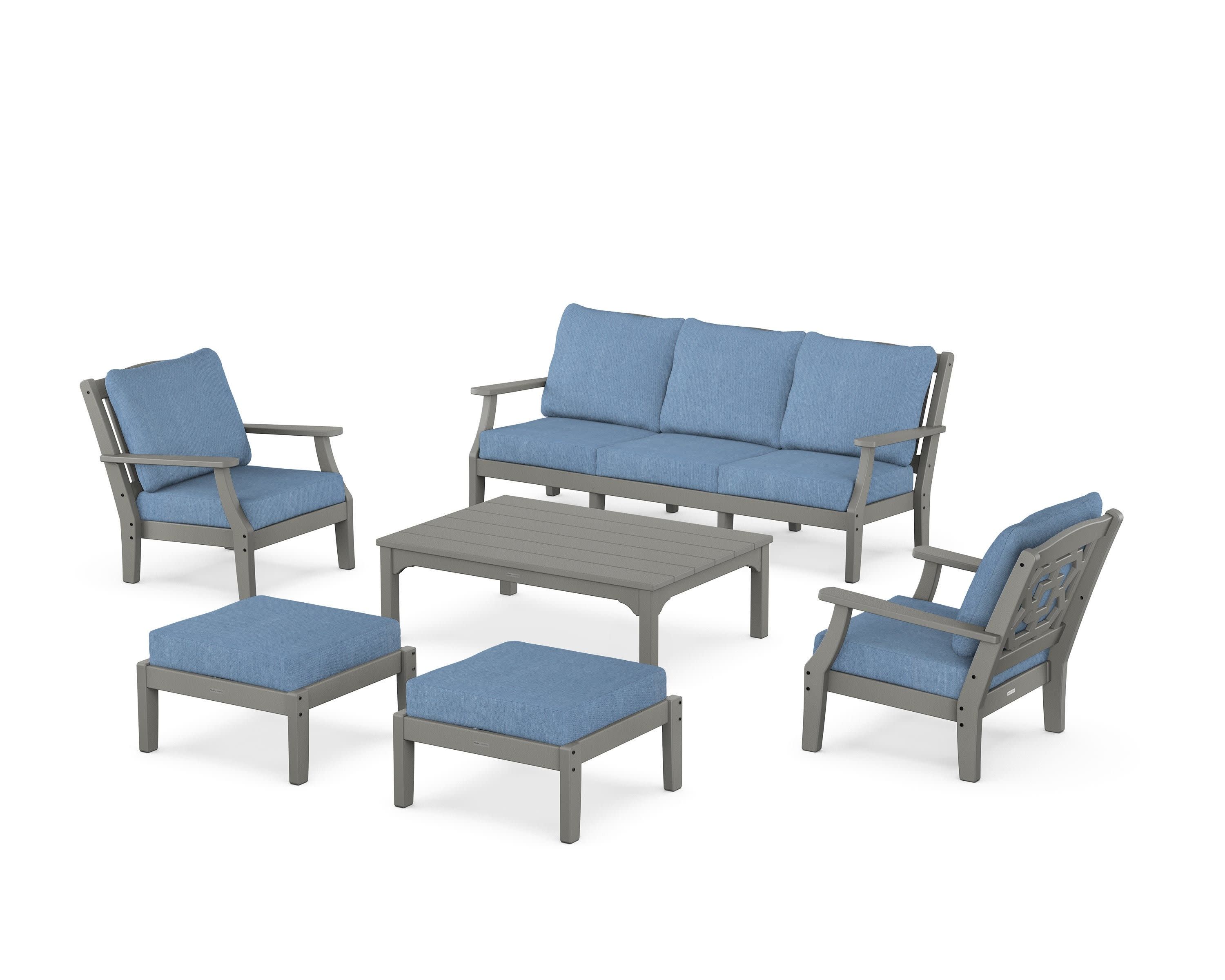Chinoiserie 6-Piece Lounge Sofa Set in Slate Grey / Sky Blue