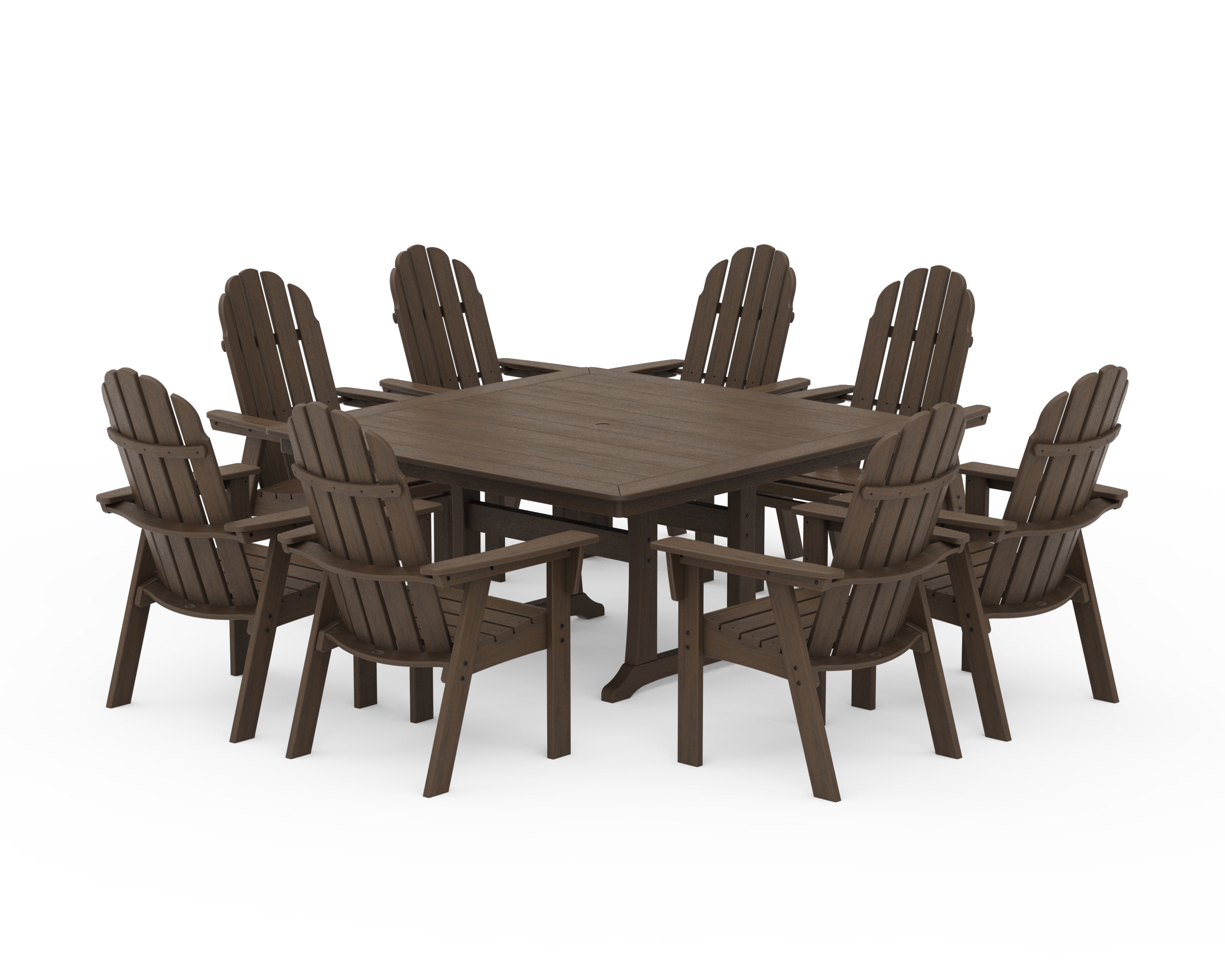 Vineyard Curveback Adirondack 9-Piece Nautical Trestle Dining Set in Kona