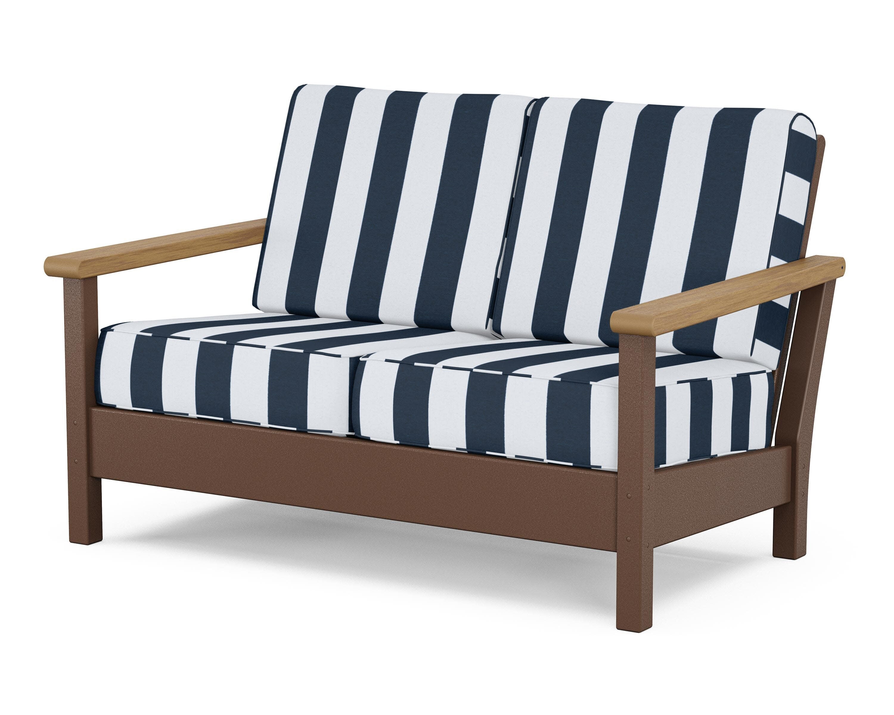 Harbour Deep Seating Loveseat in Mahogany / Natural / Cabana Stripe Marine Indigo