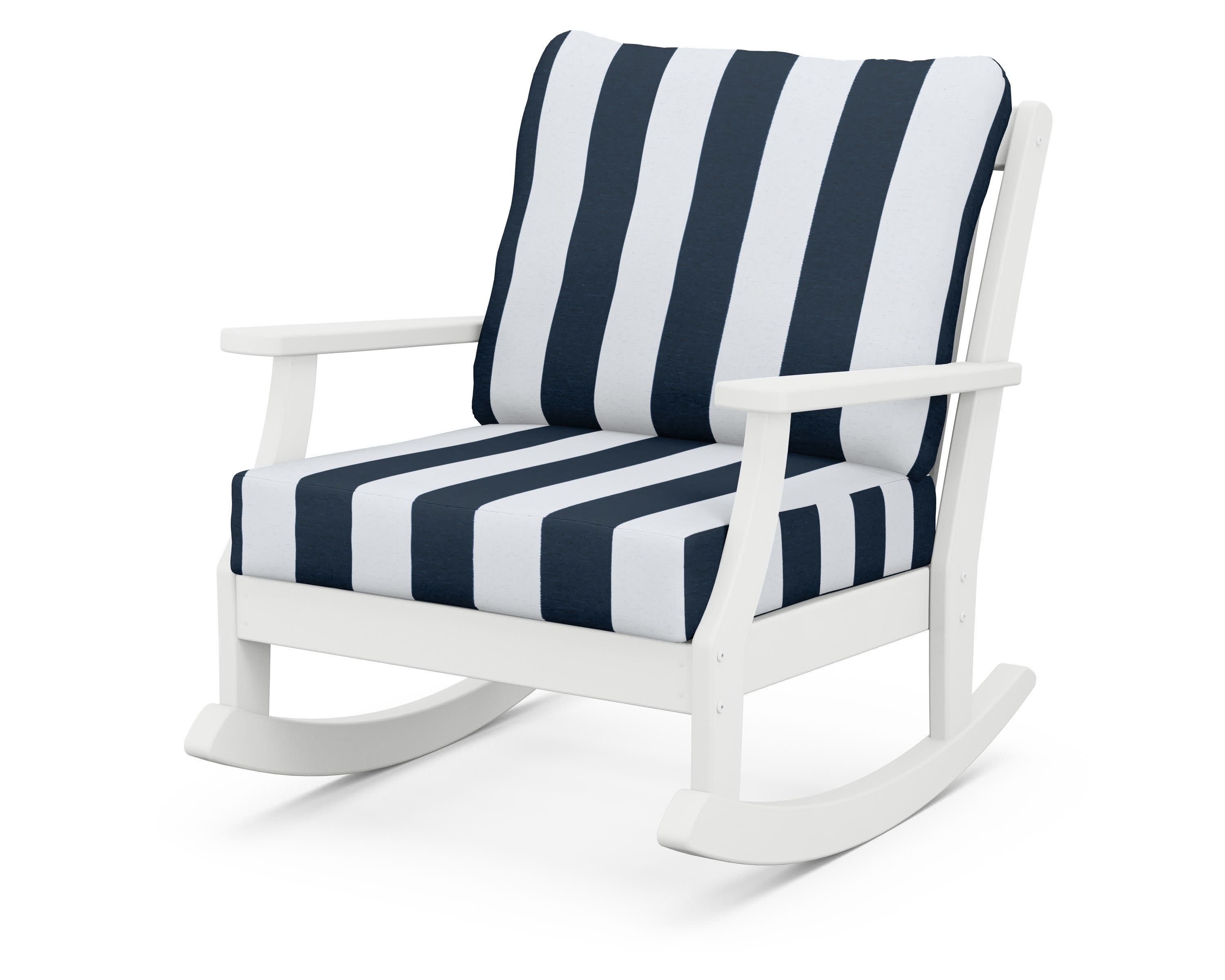 Braxton Deep Seating Rocking Chair in White / Cabana Stripe Marine Indigo