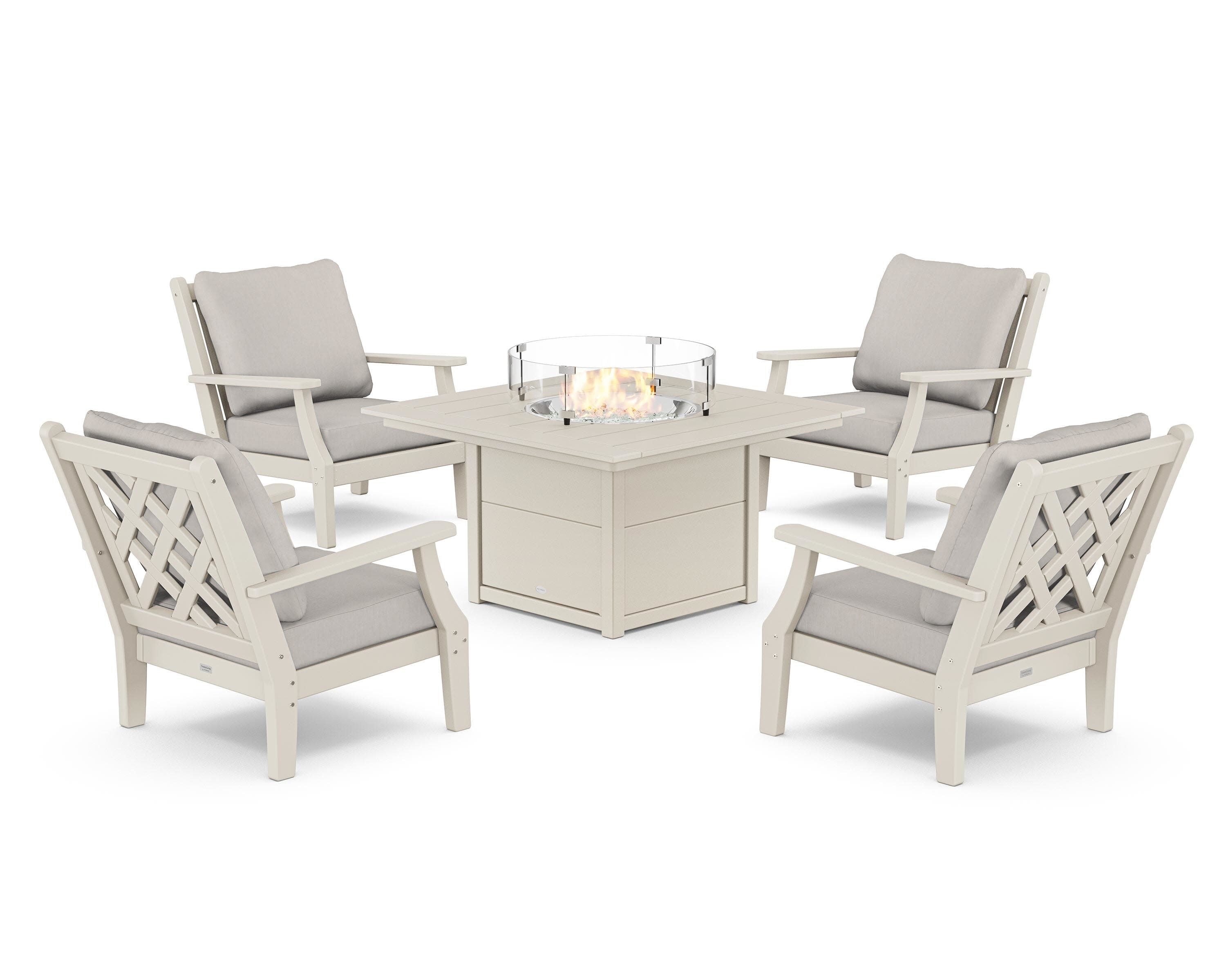 Wovendale 5-Piece Deep Seating Set with Fire Pit Table in Sand / Cast Ash