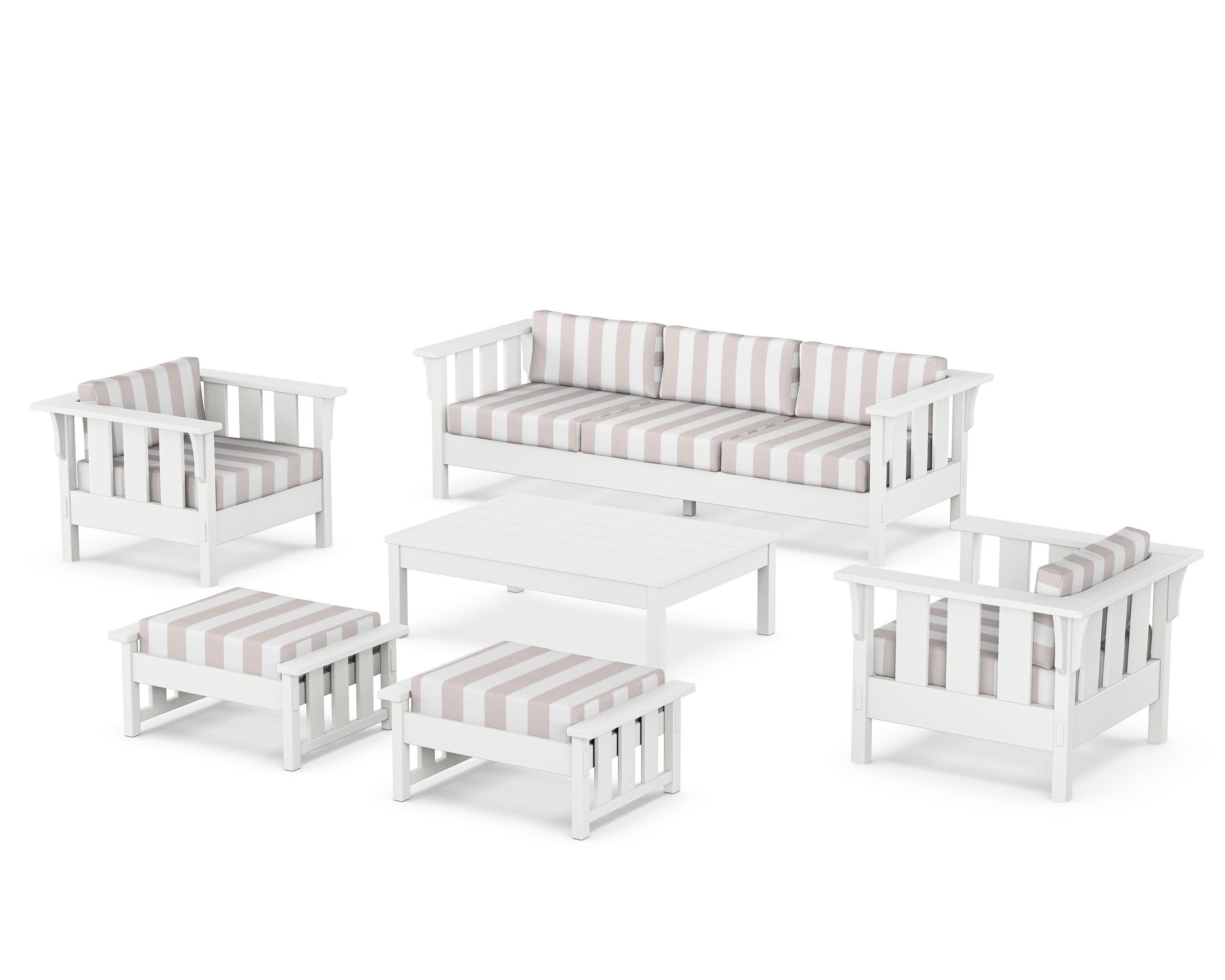 Acadia 6-Piece Lounge Sofa Set in White / Cabana Stripe Dune Burlap