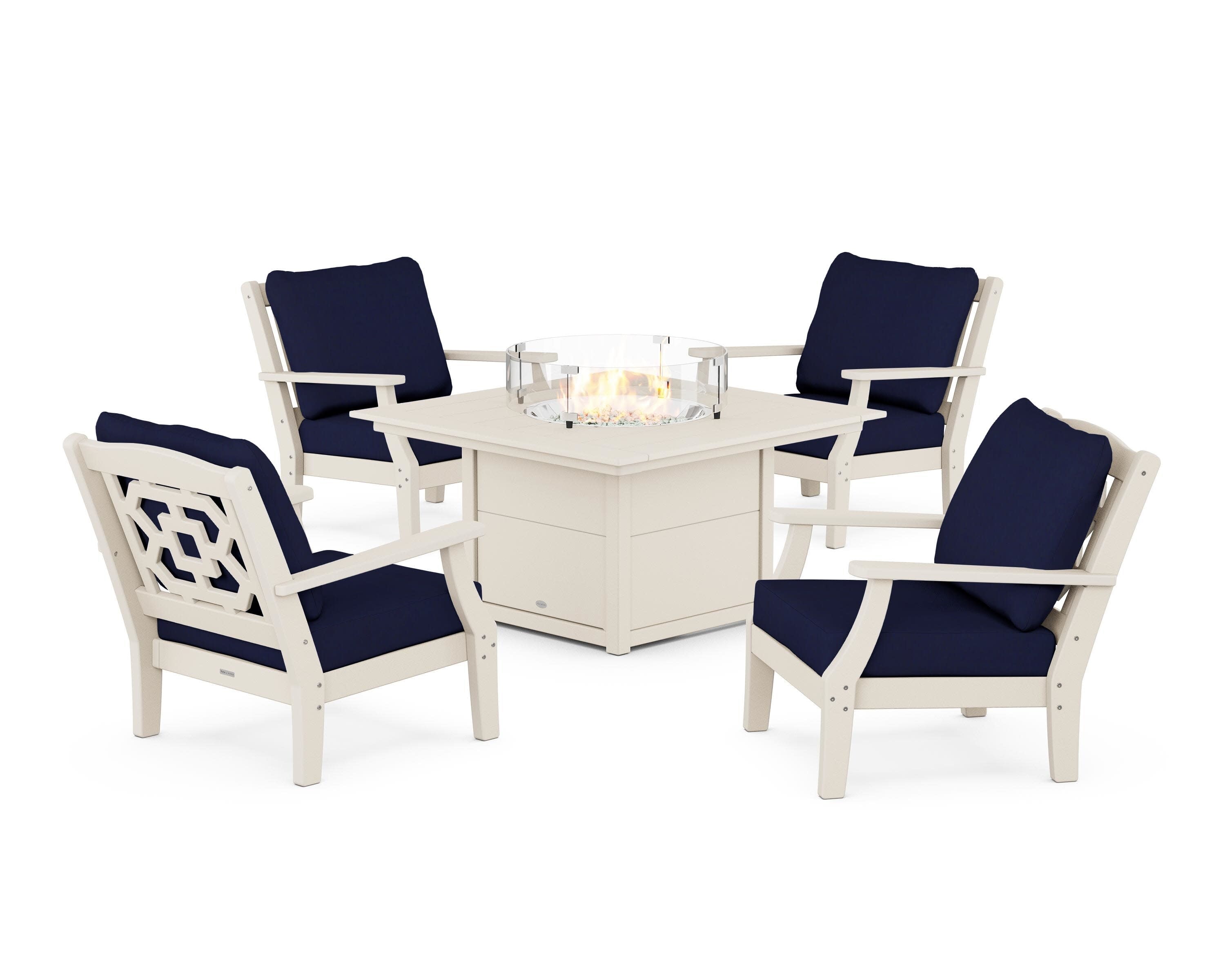Chinoiserie 5-Piece Deep Seating Set with Fire Pit Table in Sand / Navy