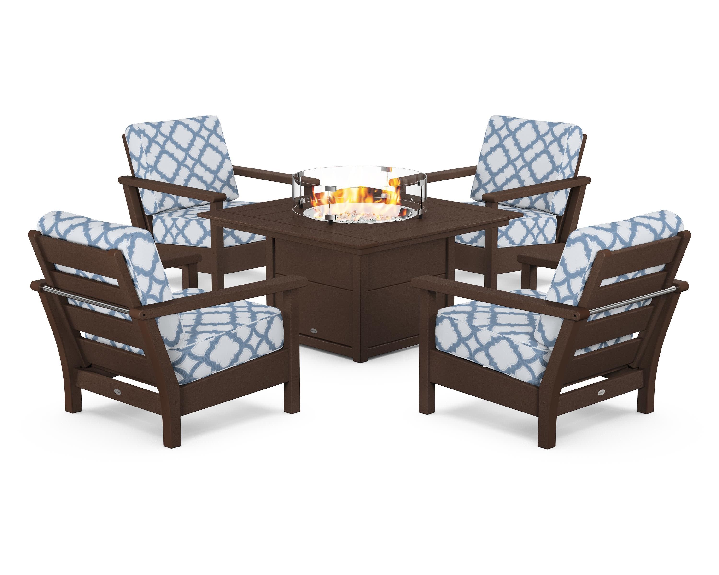 Harbour 5-Piece Conversation Set with Fire Pit Table in Mahogany / Trellis Sky Blue