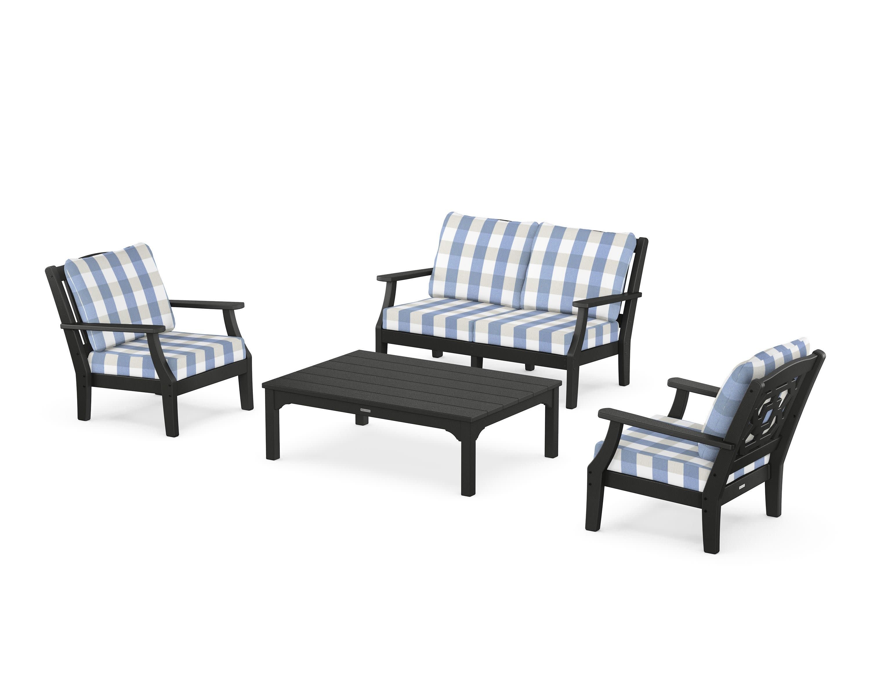 Chinoiserie 4-Piece Deep Seating Set with Loveseat in Black / Buffalo Plaid Sky Blue