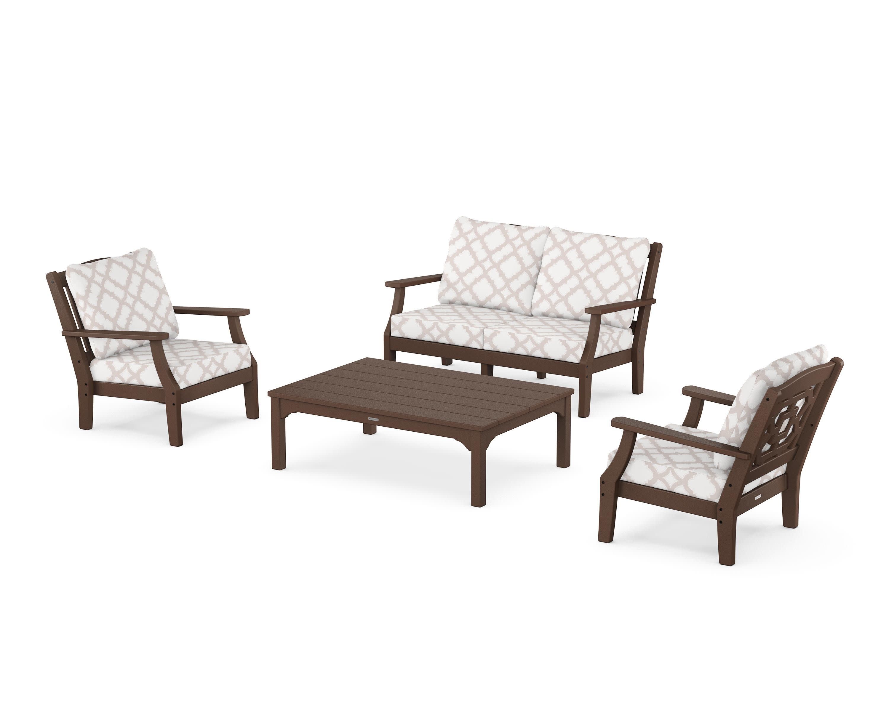 Chinoiserie 4-Piece Deep Seating Set with Loveseat in Mahogany / Trellis Dune Burlap