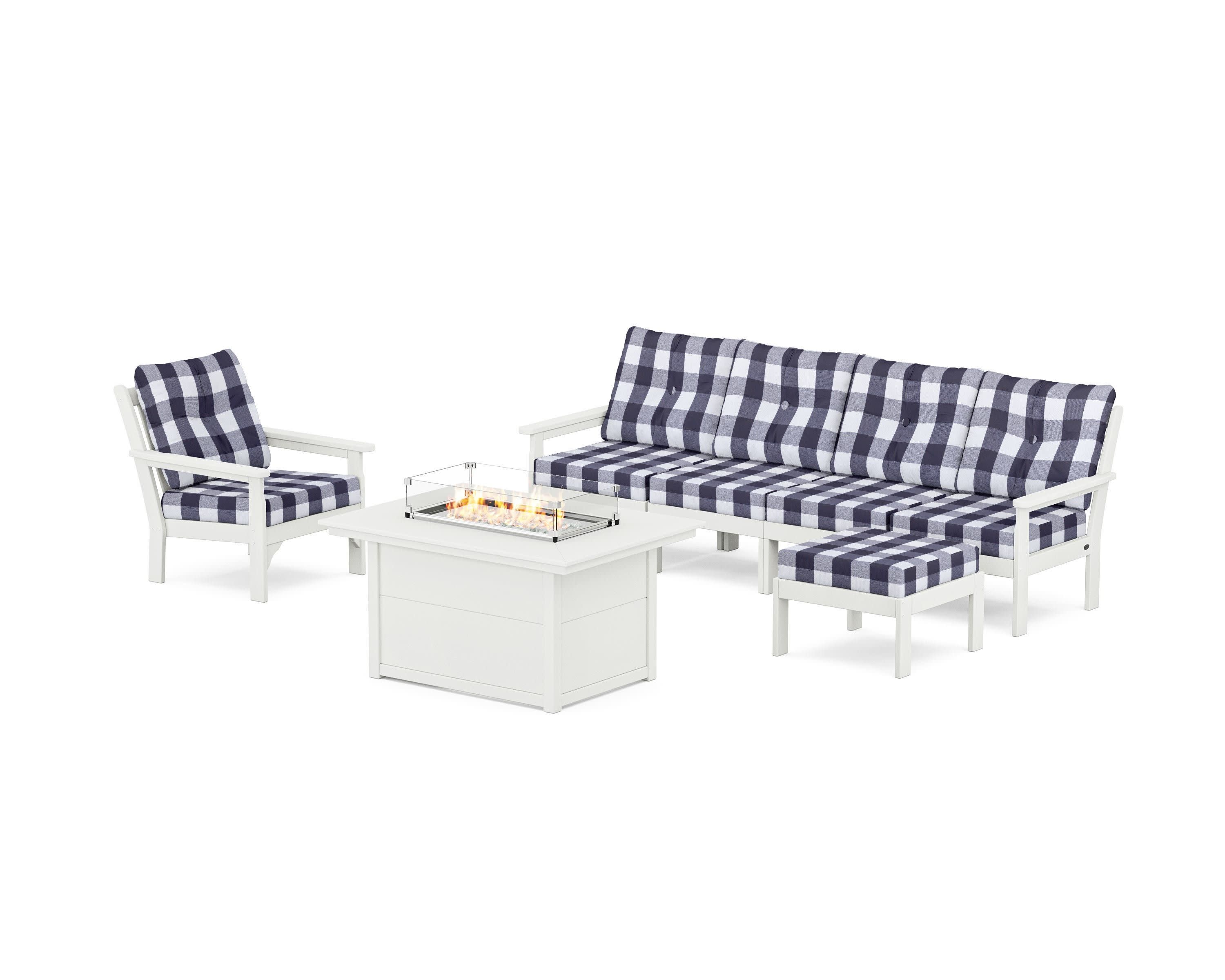 Vineyard Sectional Lounge and Fire Pit Set in Vintage White / Buffalo Plaid Navy