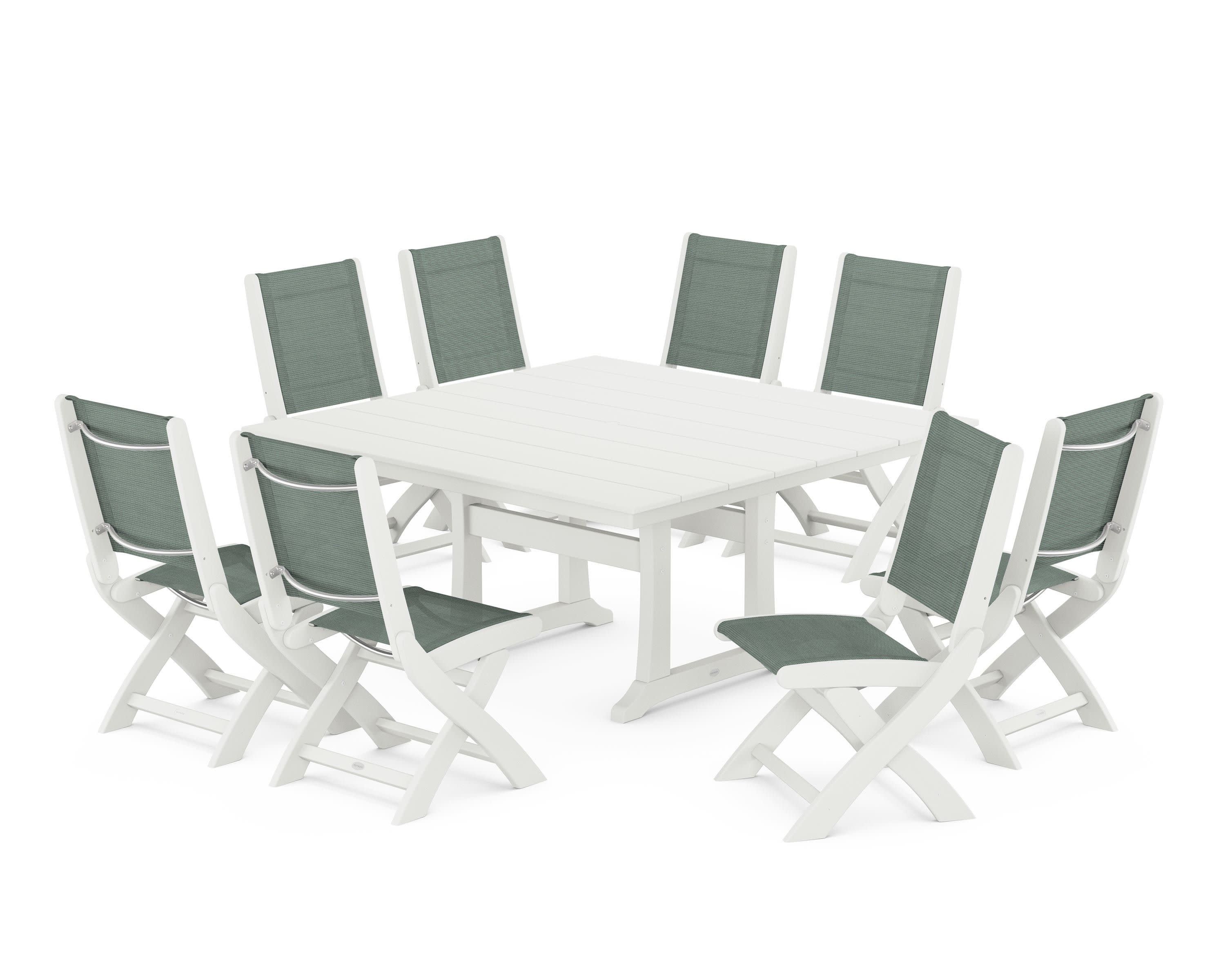 Coastal Folding Side Chair 9-Piece Farmhouse Dining Set in Vintage White / Dupioni Sea Mist Sling