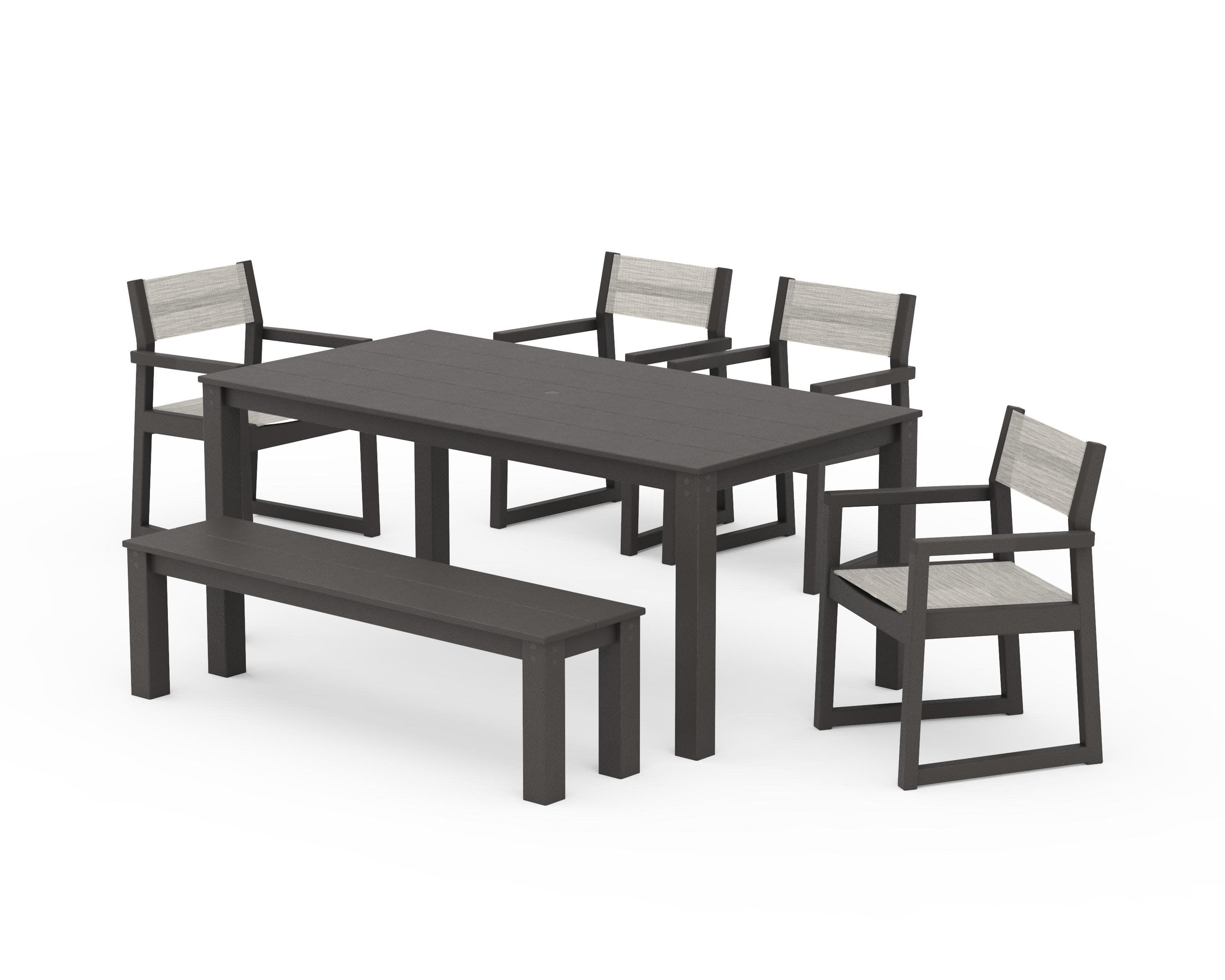 EDGE Sling Arm Chair 6-Piece Parsons Dining Set with Bench in Vintage Coffee / Birch Sling
