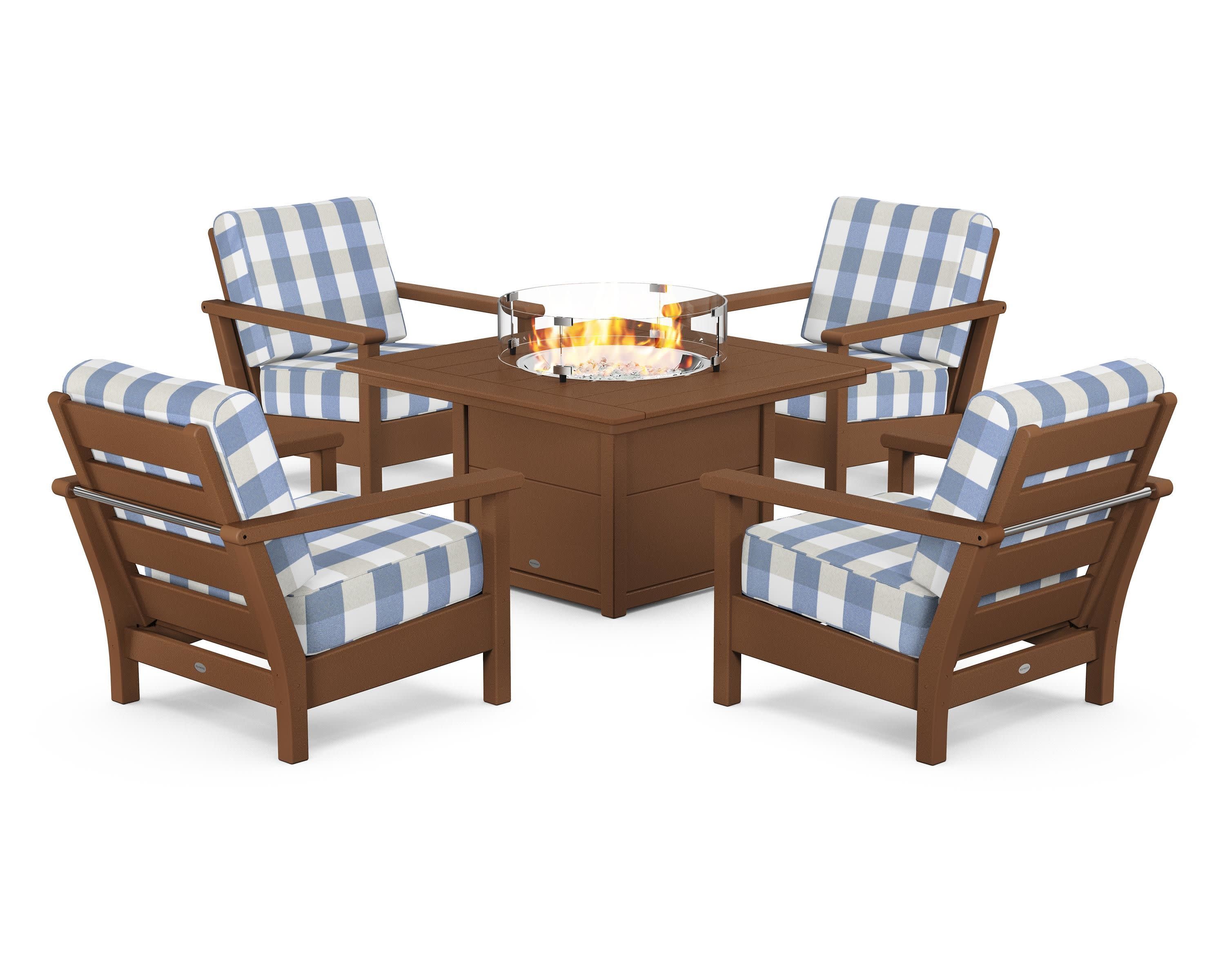 Harbour 5-Piece Conversation Set with Fire Pit Table in Teak / Buffalo Plaid Sky Blue