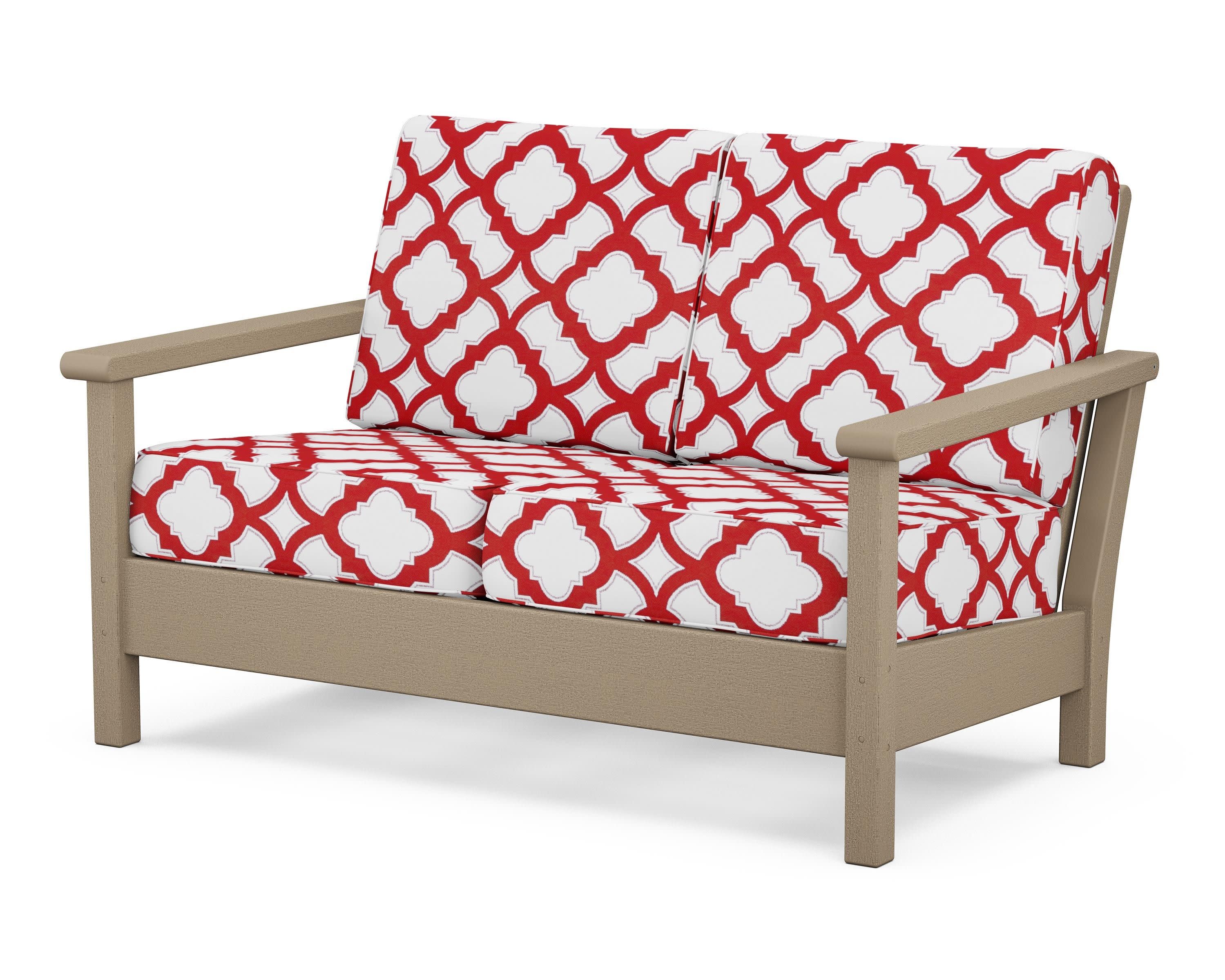 Harbour Deep Seating Loveseat in Vintage Sahara / Trellis Crimson