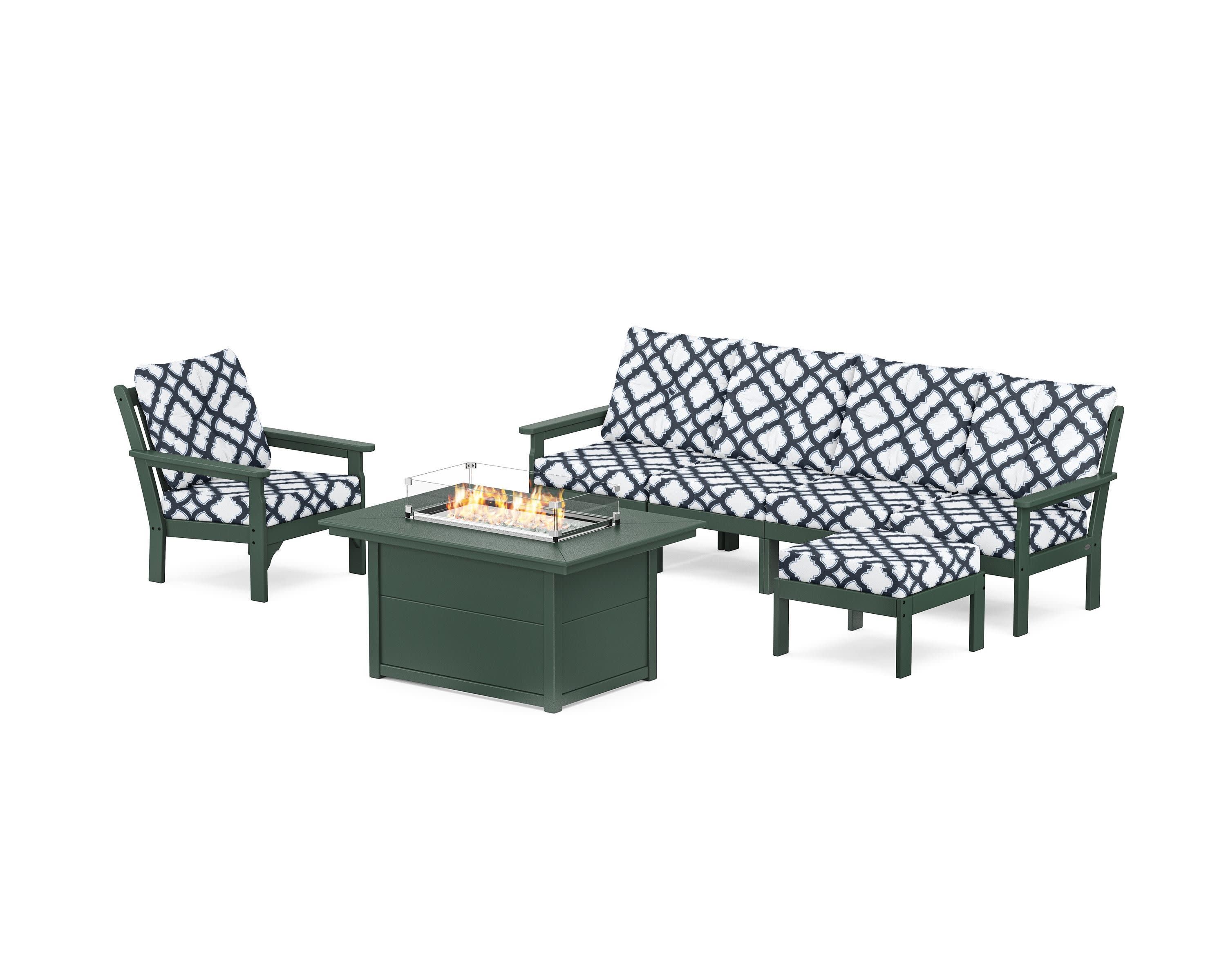 Vineyard Sectional Lounge and Fire Pit Set in Green / Trellis Marine Indigo