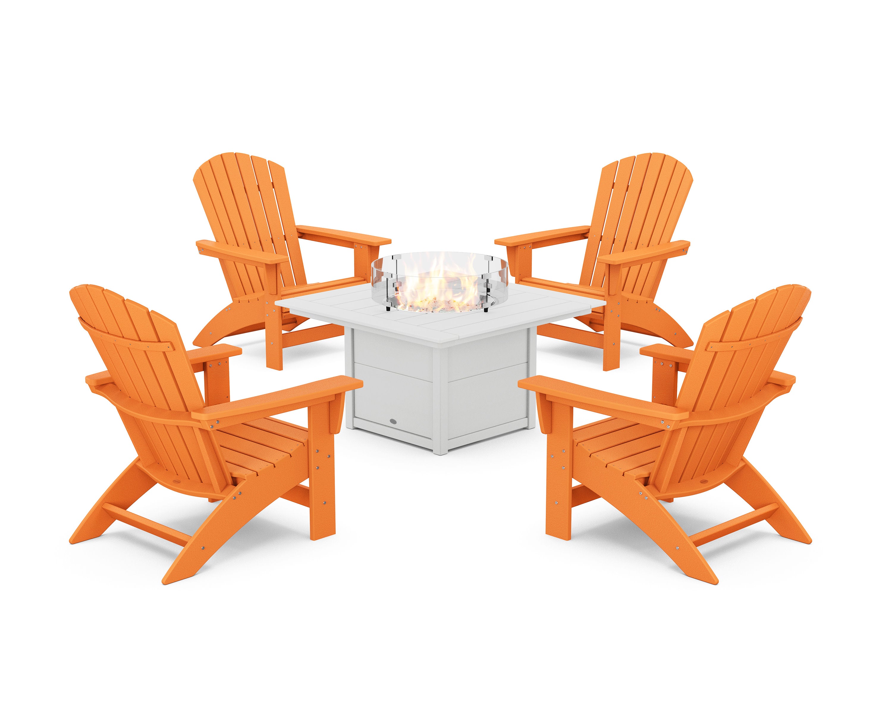 5-Piece Nautical Grand Adirondack Conversation Set with Fire Pit Table in Tangerine / White