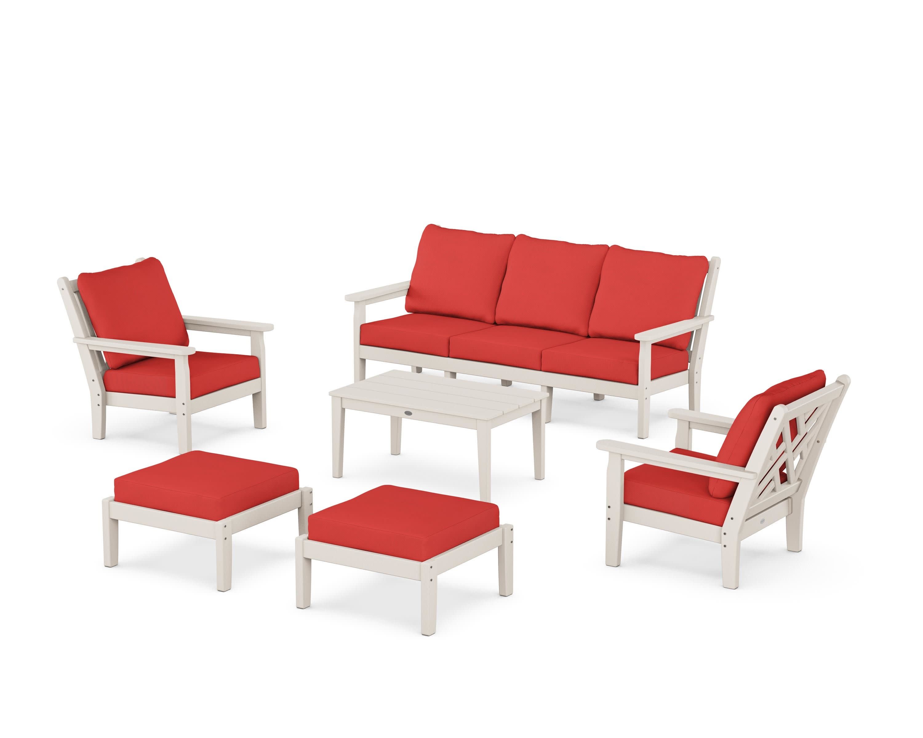 Chippendale 6-Piece Lounge Sofa Set in Sand / Crimson Linen