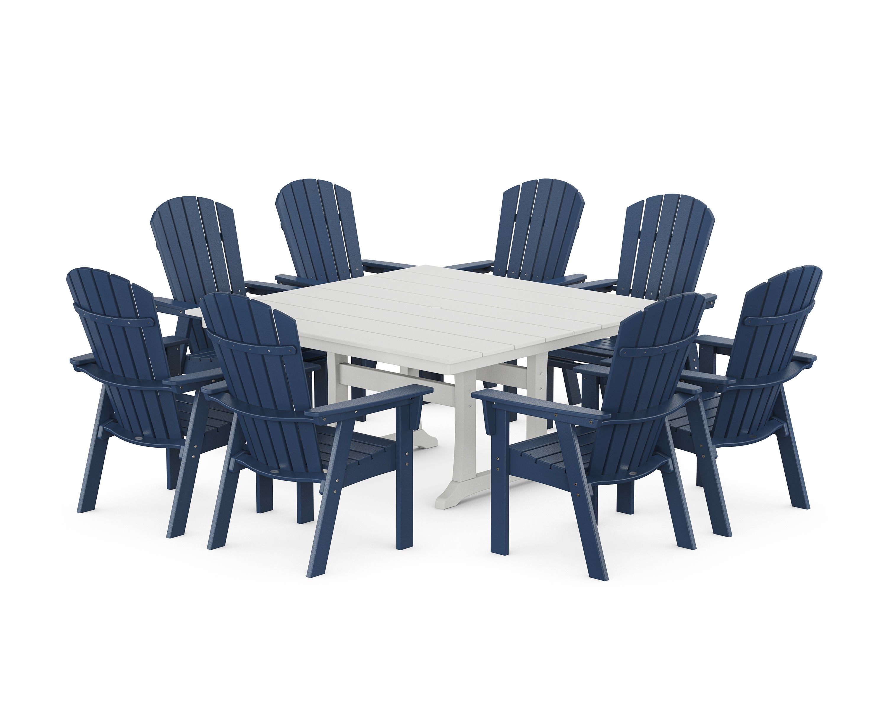 Nautical Curveback Adirondack 9-Piece Square Dining Set with Trestle Legs in Navy / White