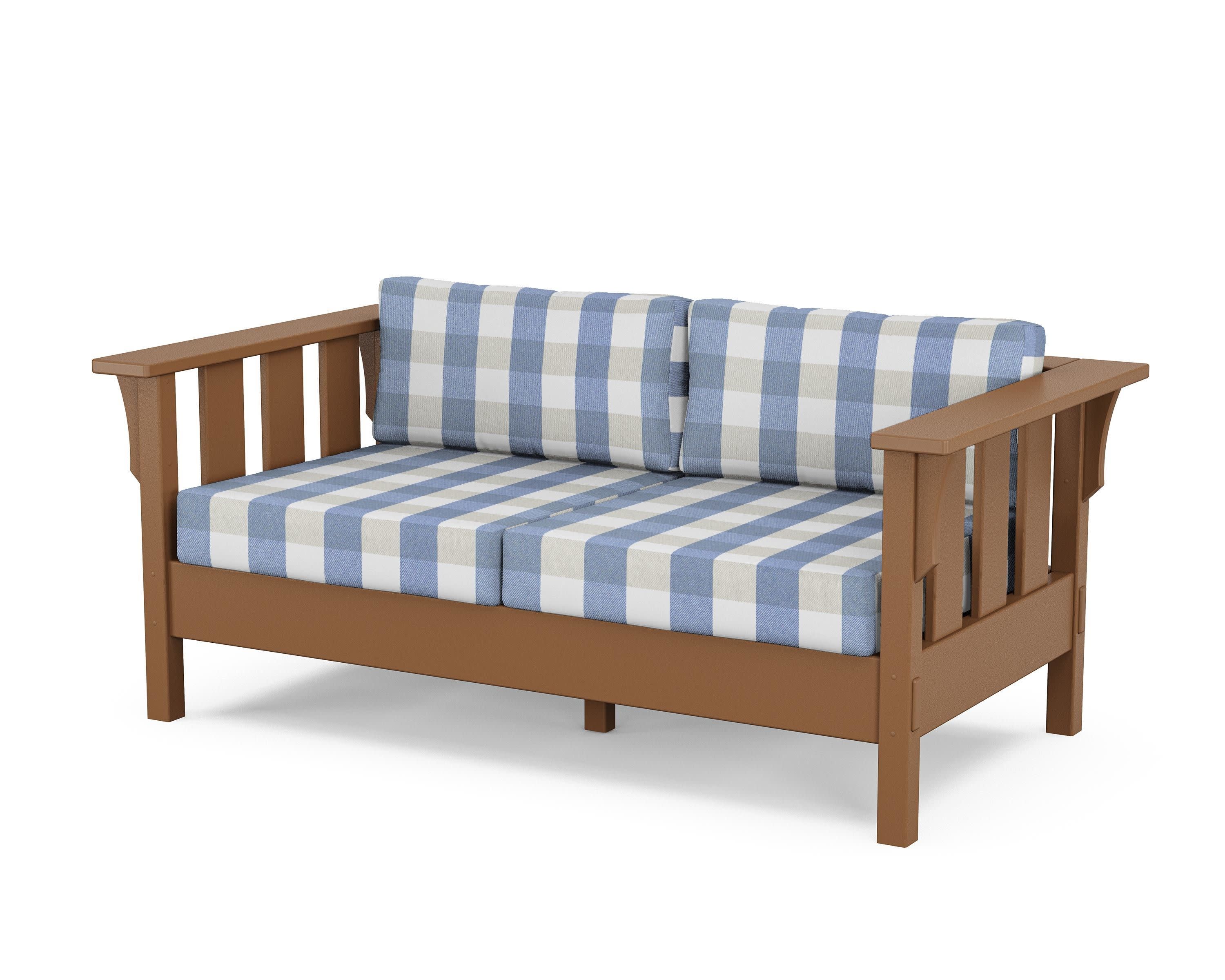Acadia Deep Seating Loveseat in Teak / Buffalo Plaid Sky Blue