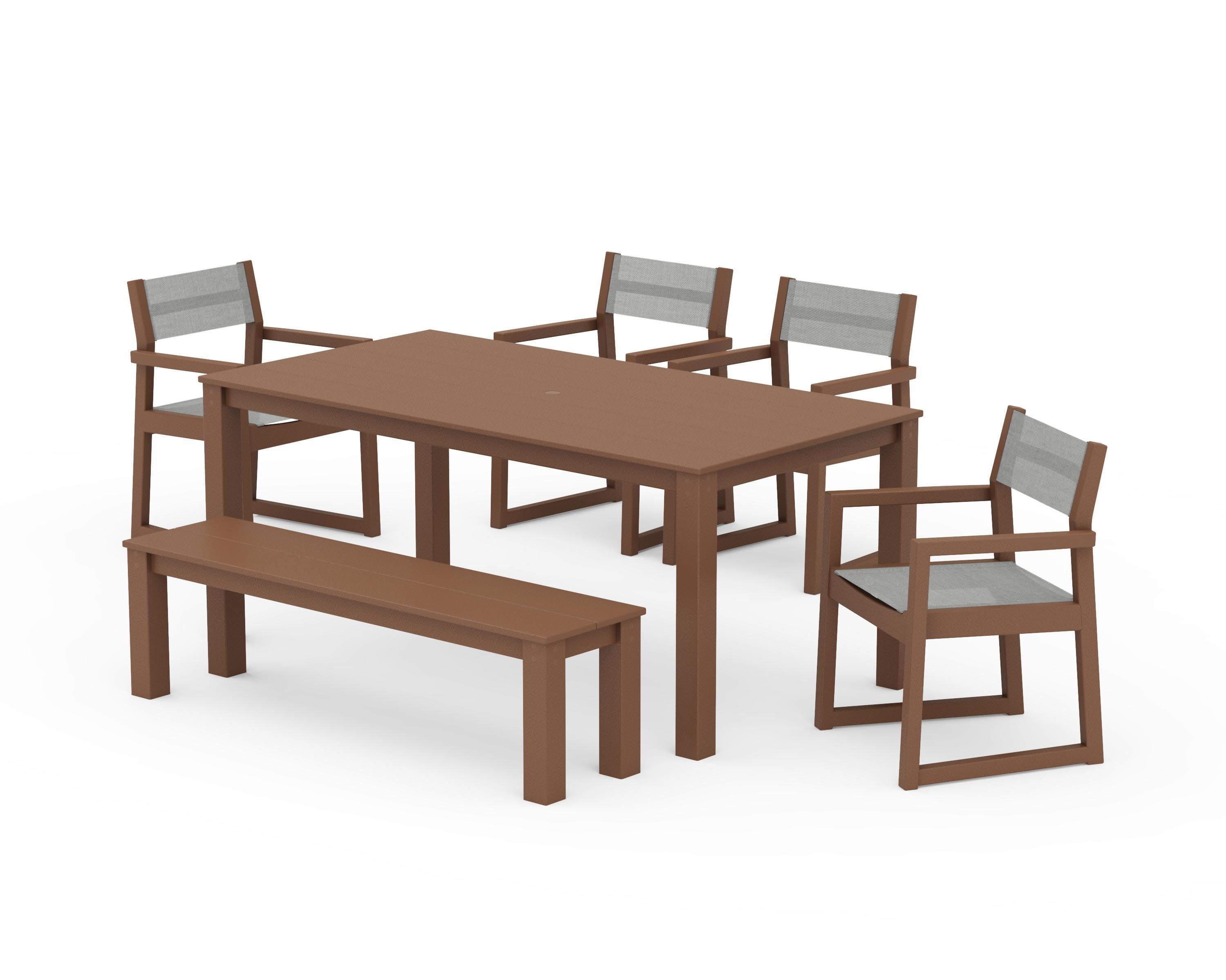 EDGE Sling Arm Chair 6-Piece Parsons Dining Set with Bench in Teak / Metallic Sling