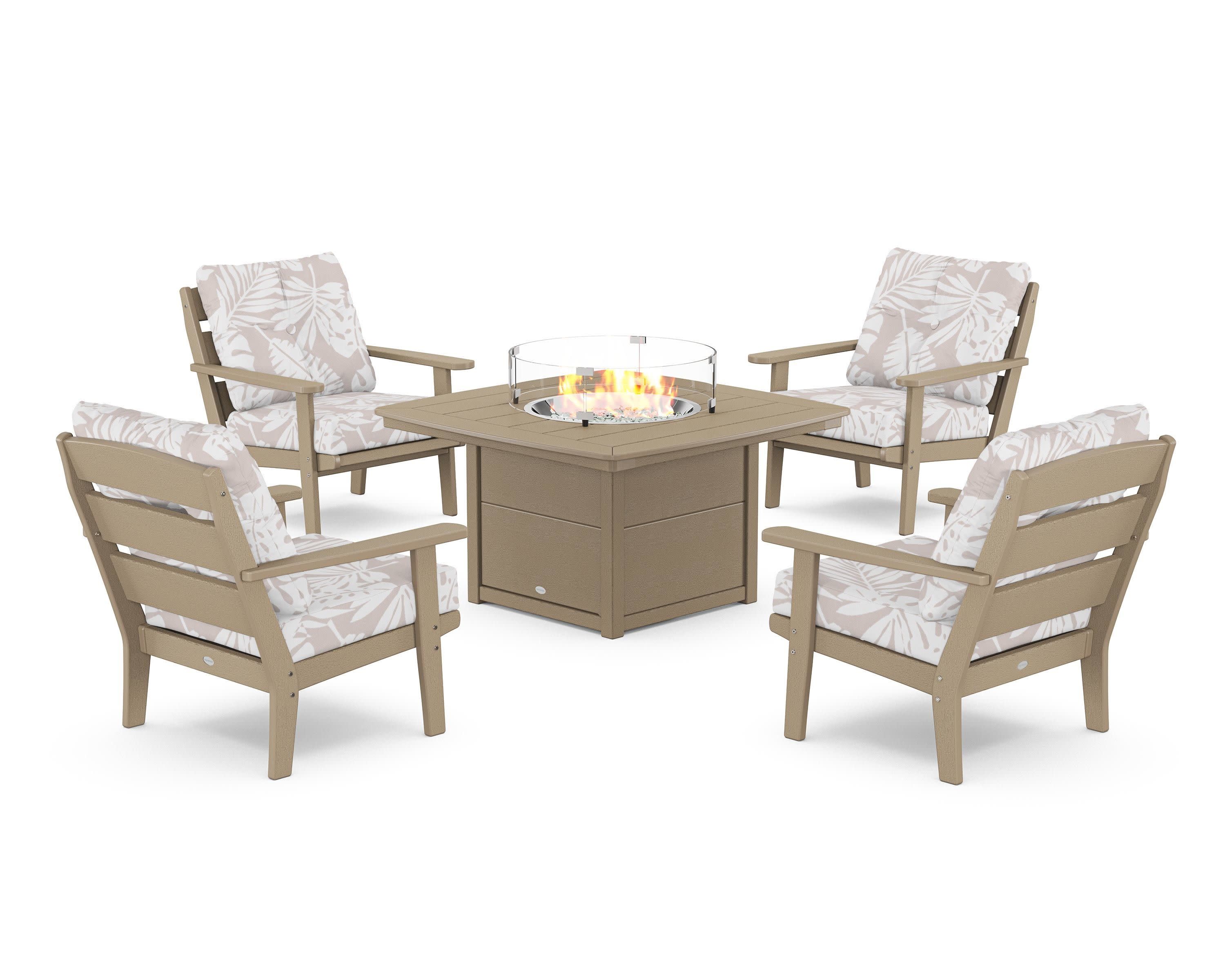 Lakeside 5-Piece Deep Seating Set with Nautical Fire Pit Table in Vintage Sahara / Leaf Dune Burlap