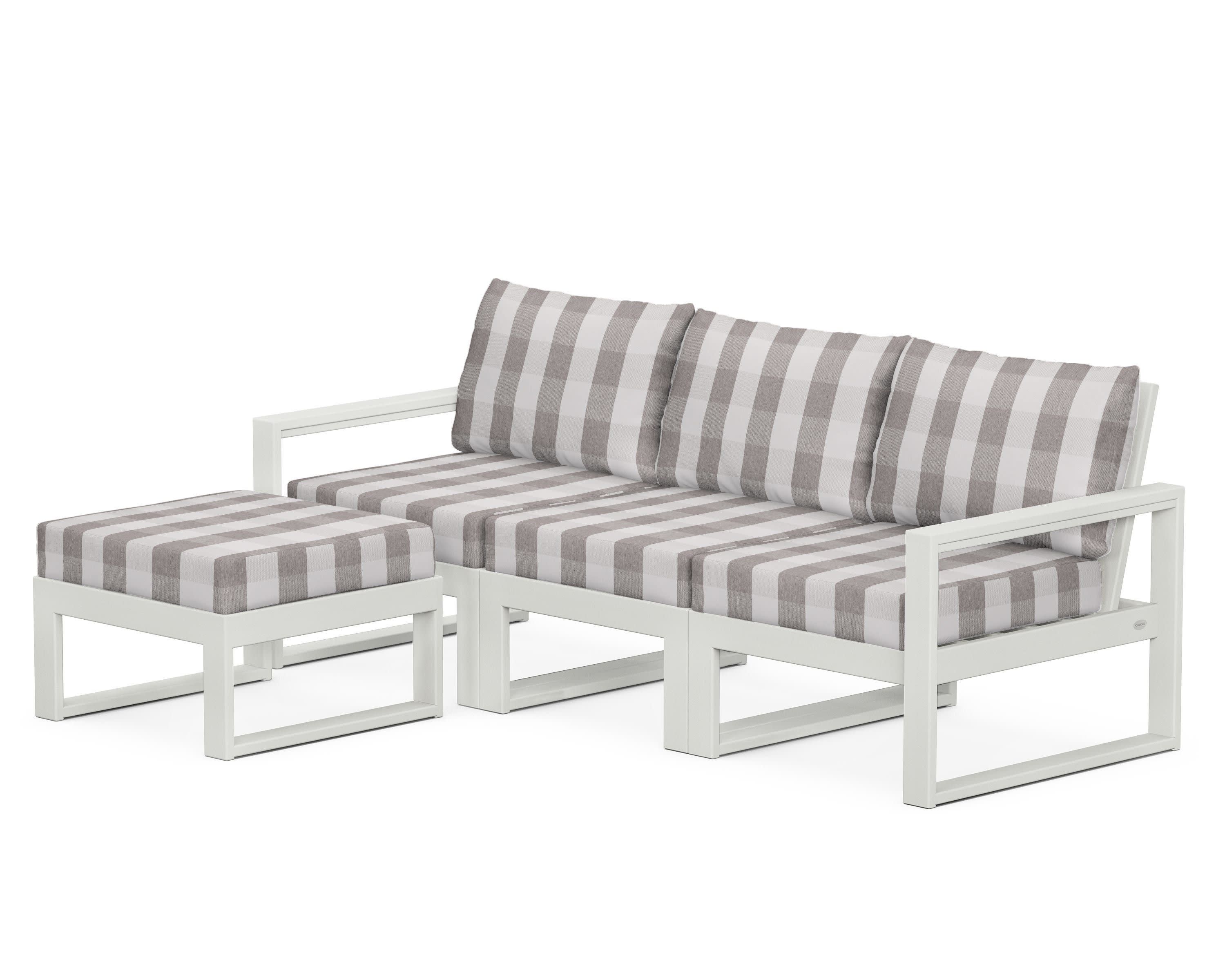 EDGE 4-Piece Modular Deep Seating Set with Ottoman in Vintage White / Buffalo Plaid Grey Mist