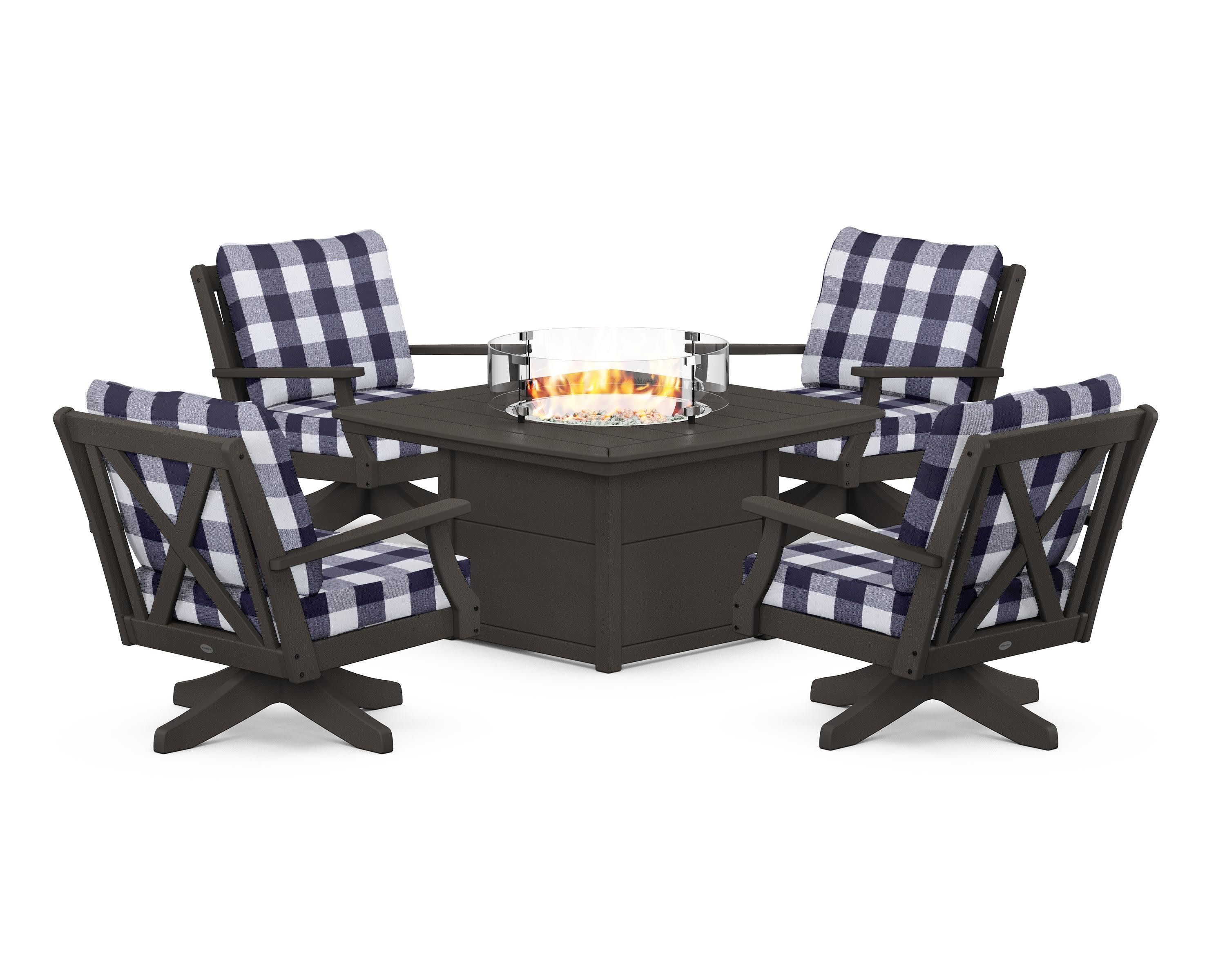 Braxton 5-Piece Deep Seating Swivel Conversation Set with Fire Pit Table in Vintage Coffee / Buffalo Plaid Navy