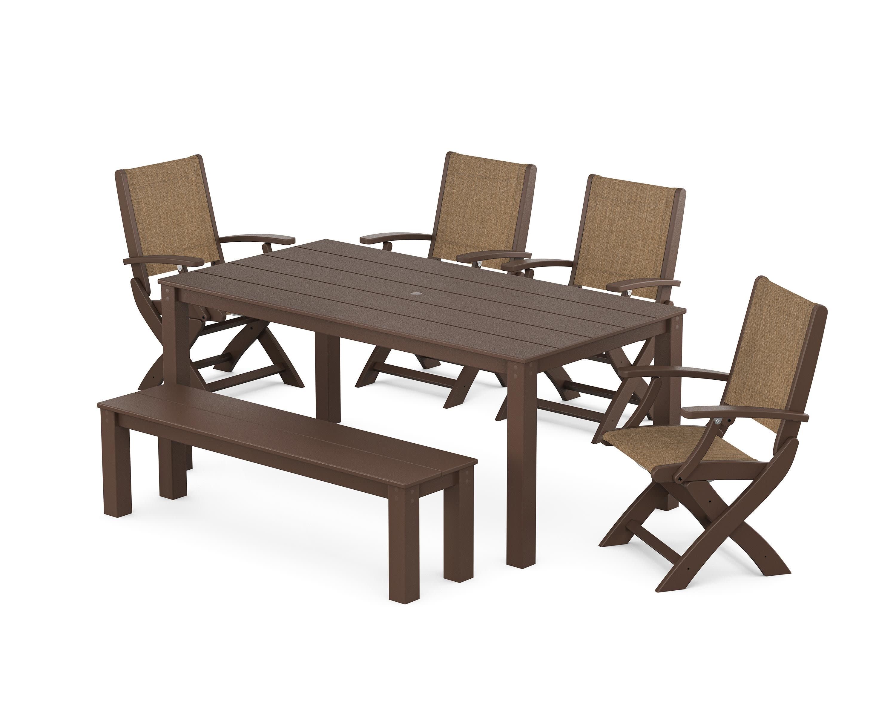 Coastal Folding Chair 6-Piece Parsons Dining Set with Bench in Mahogany / Burlap Sling