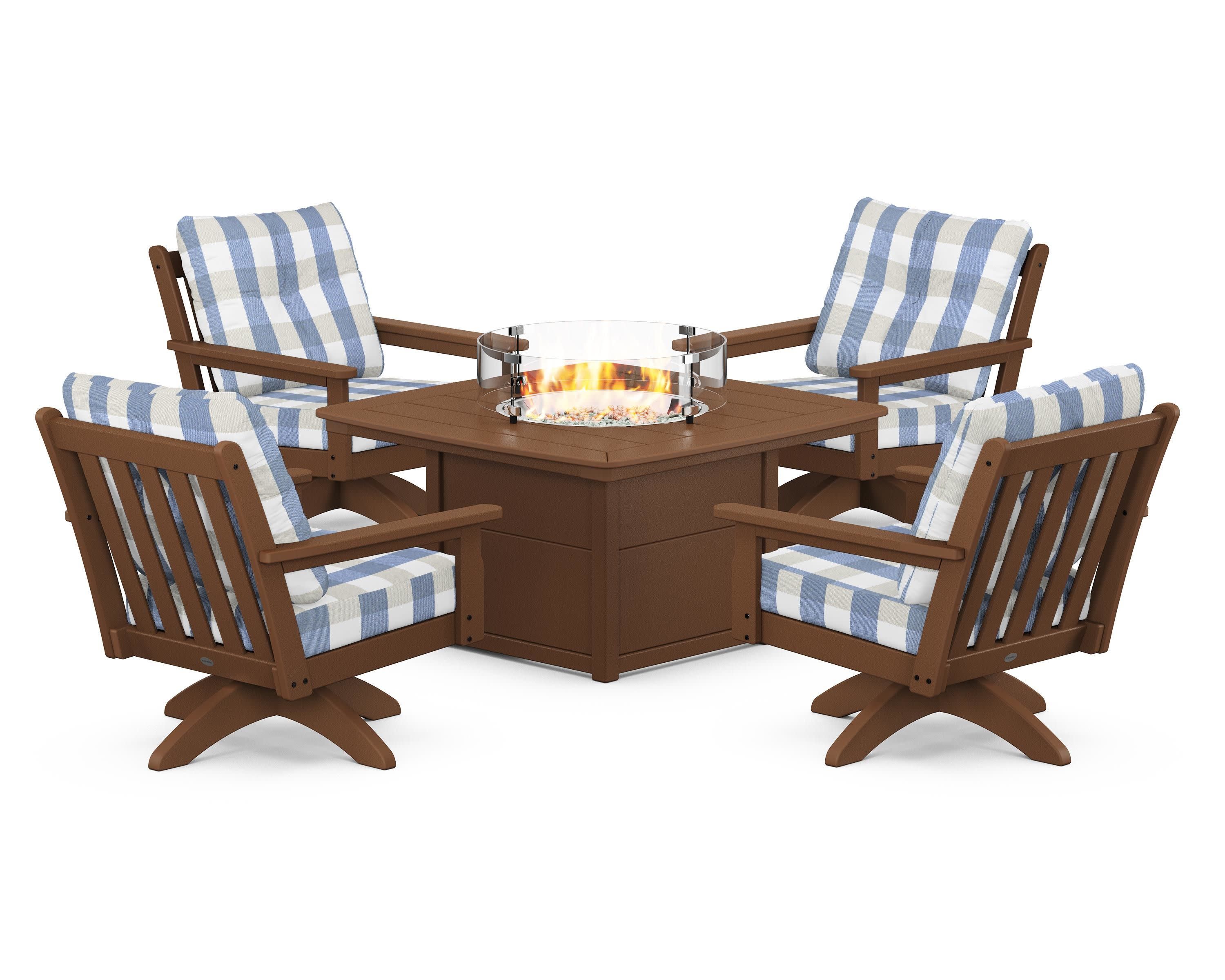 Vineyard 5-Piece Deep Seating Swivel Conversation Set with Fire Pit Table in Teak / Buffalo Plaid Sky Blue