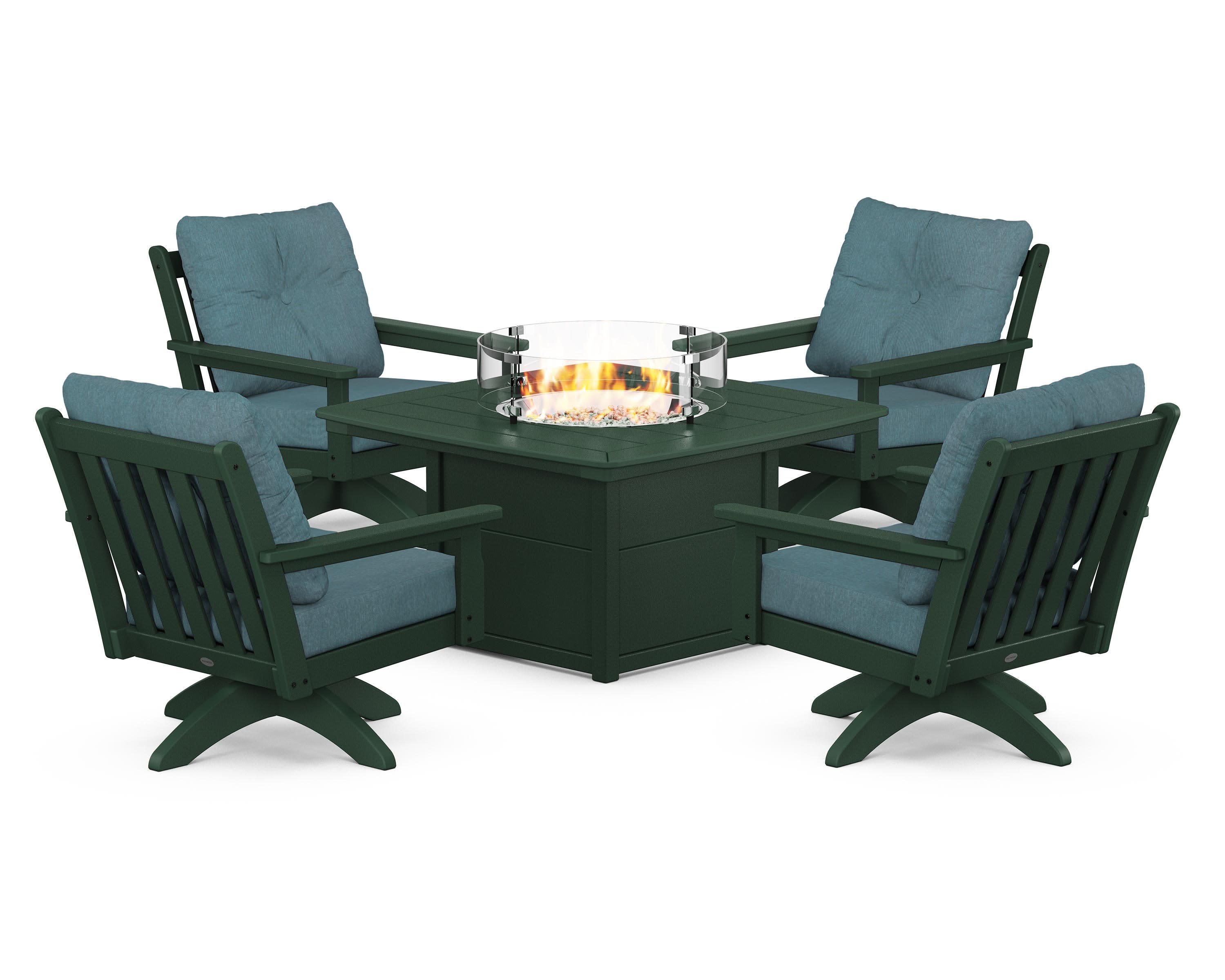 Vineyard 5-Piece Deep Seating Swivel Conversation Set with Fire Pit Table in Green / Ocean Teal