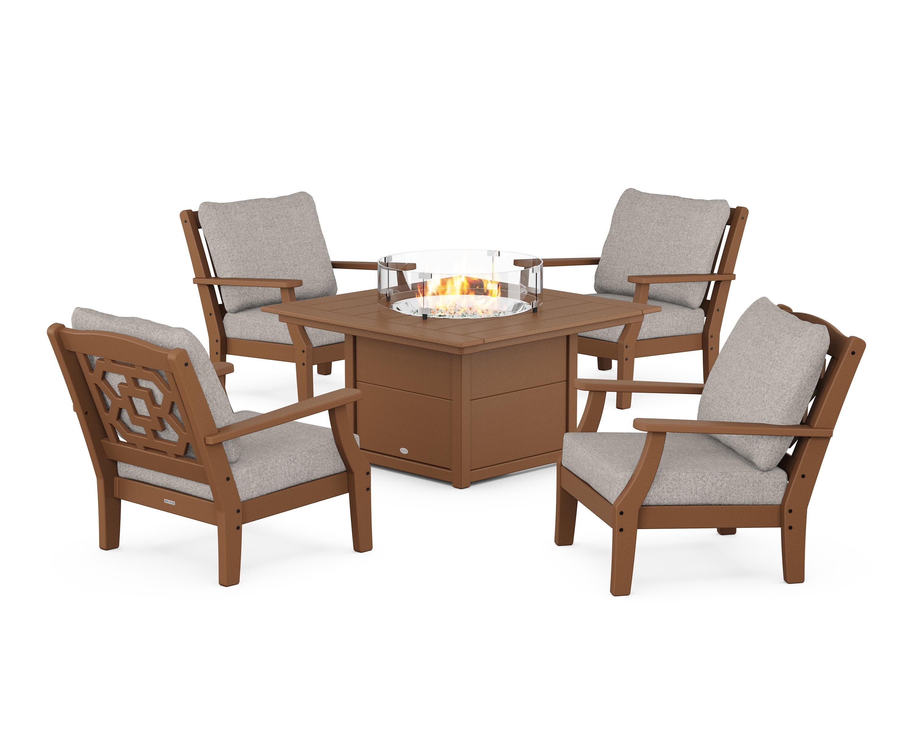 Chinoiserie 5-Piece Deep Seating Set with Fire Pit Table in Teak / Weathered Tweed