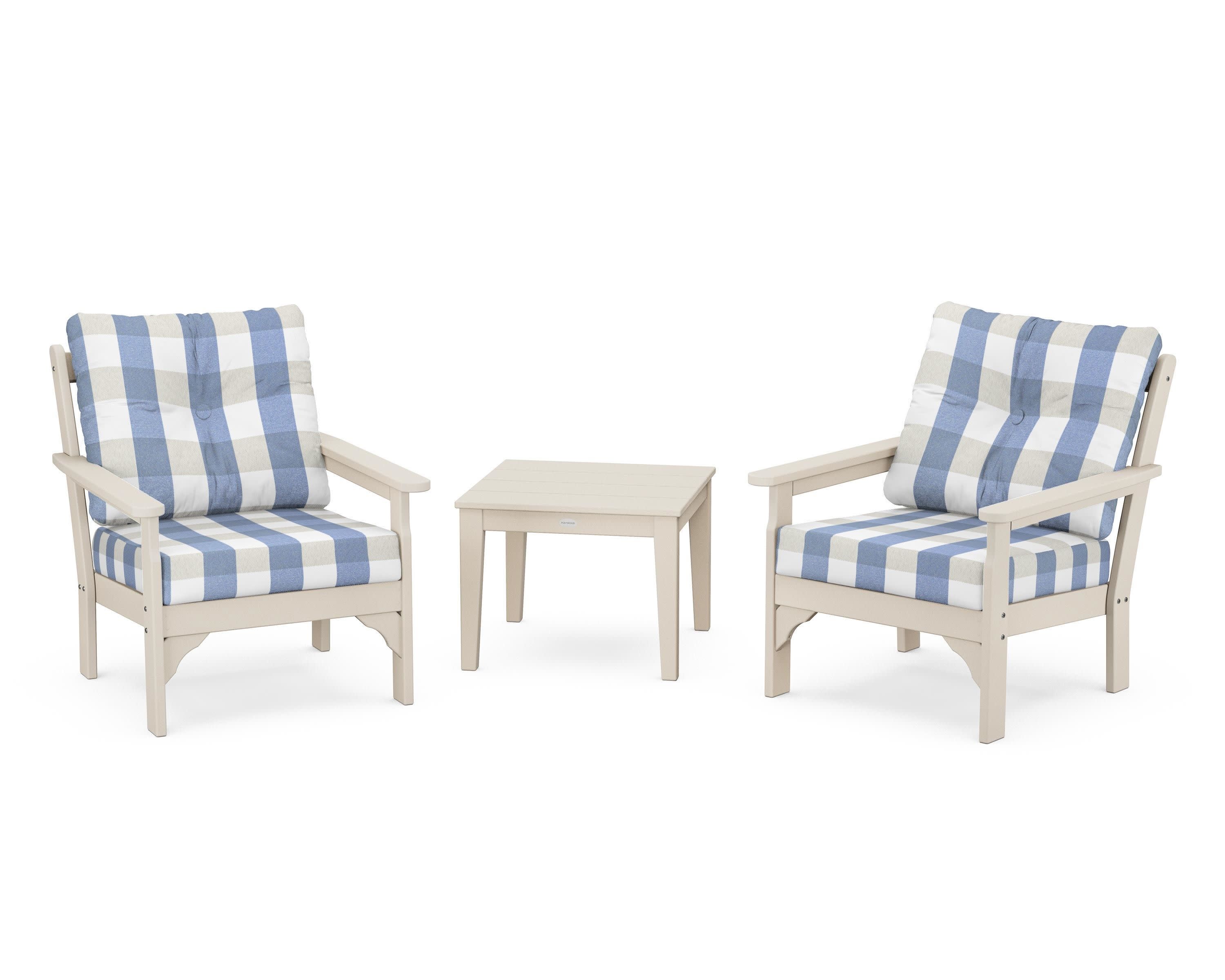 Vineyard 3-Piece Deep Seating Set in Sand / Buffalo Plaid Sky Blue