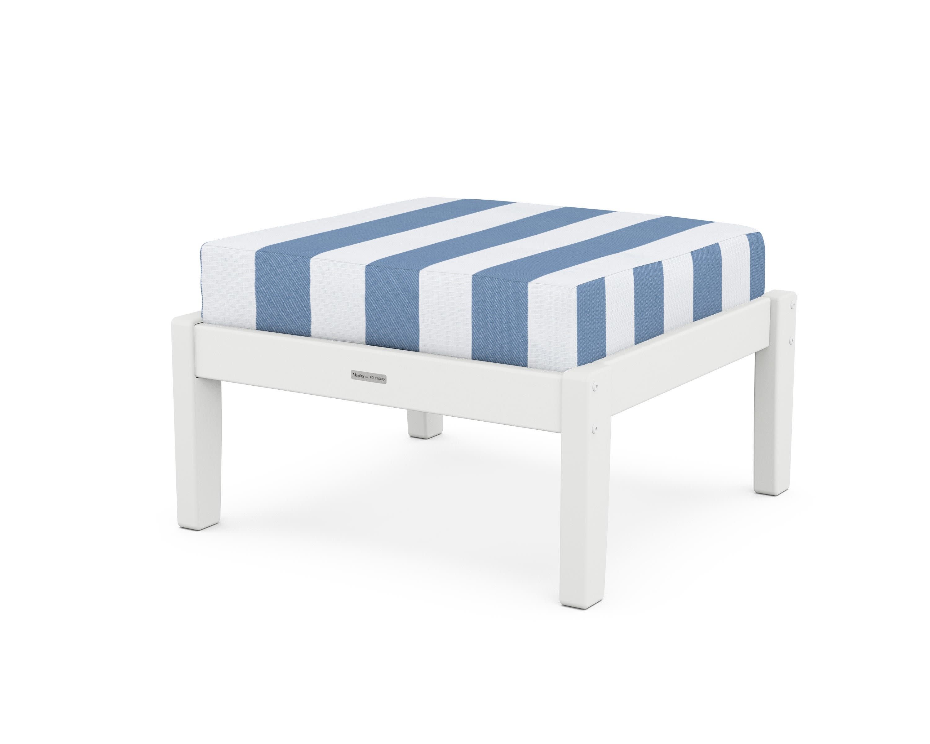 Chinoiserie Deep Seating Ottoman in White / Cabana Stripe Sky Blue