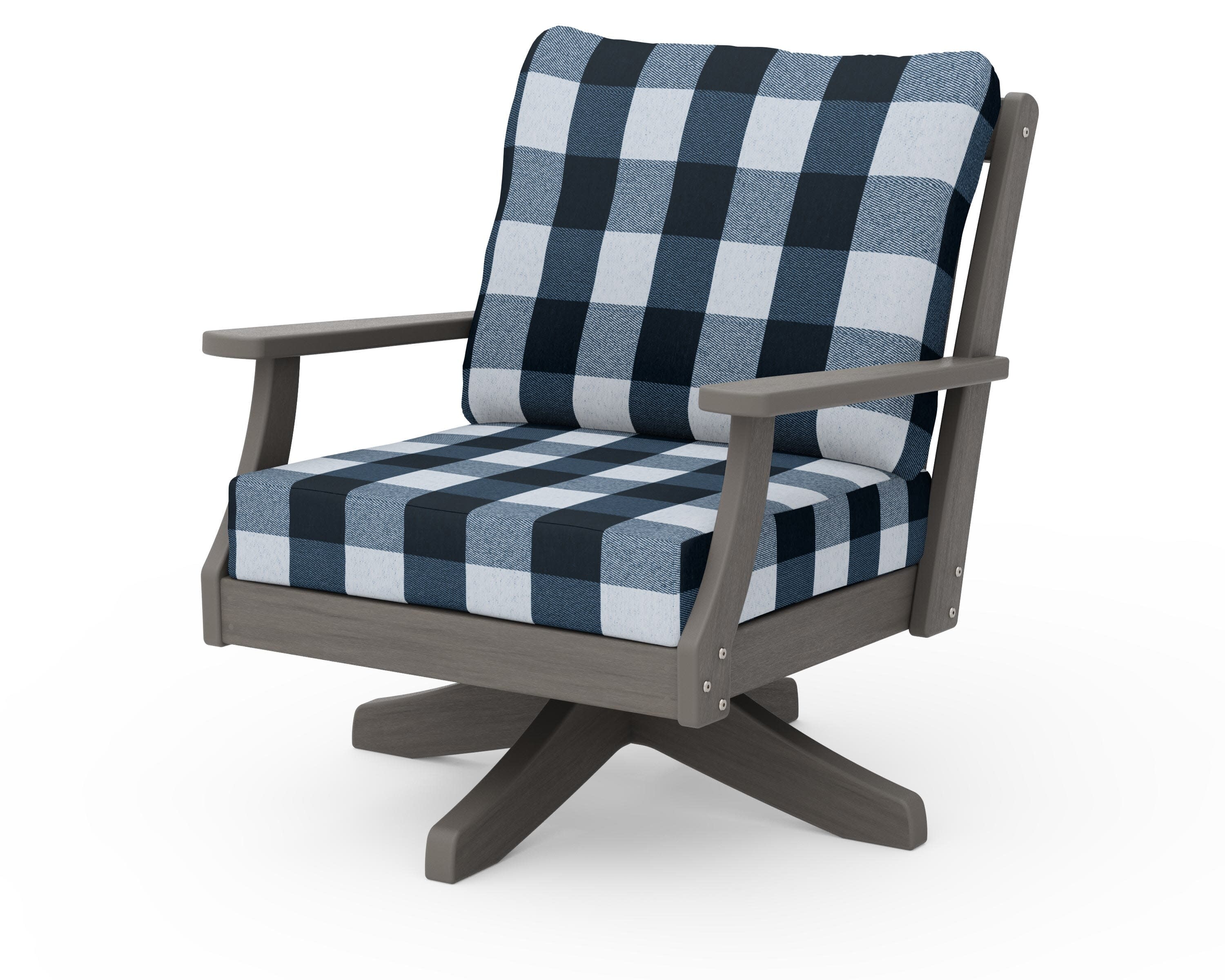 Braxton Deep Seating Swivel Chair in Driftwood / Buffalo Plaid Marine Indigo