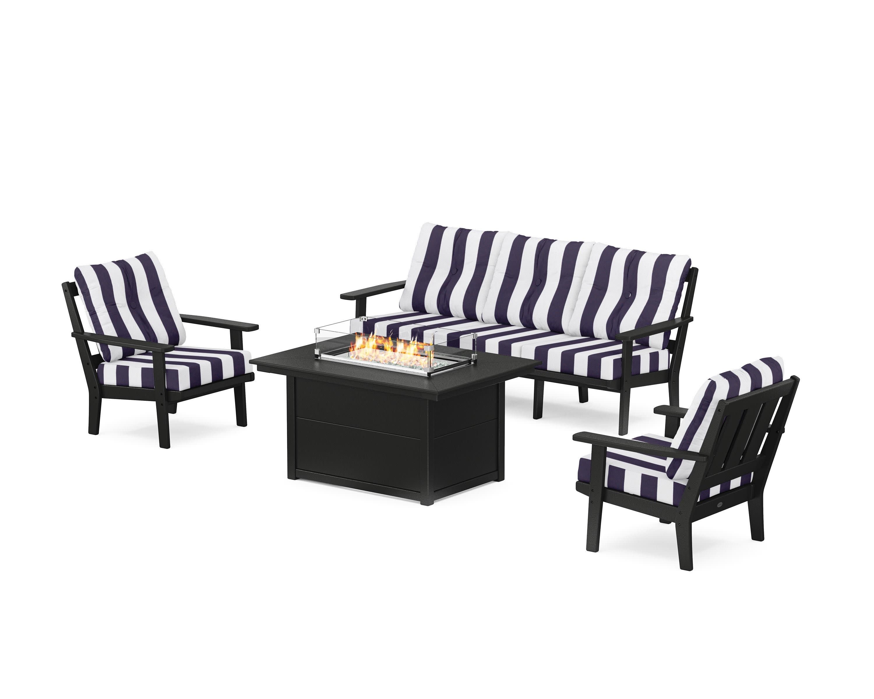 Oxford Deep Seating Fire Pit Table Set in Black / Cabana Stripe Navy