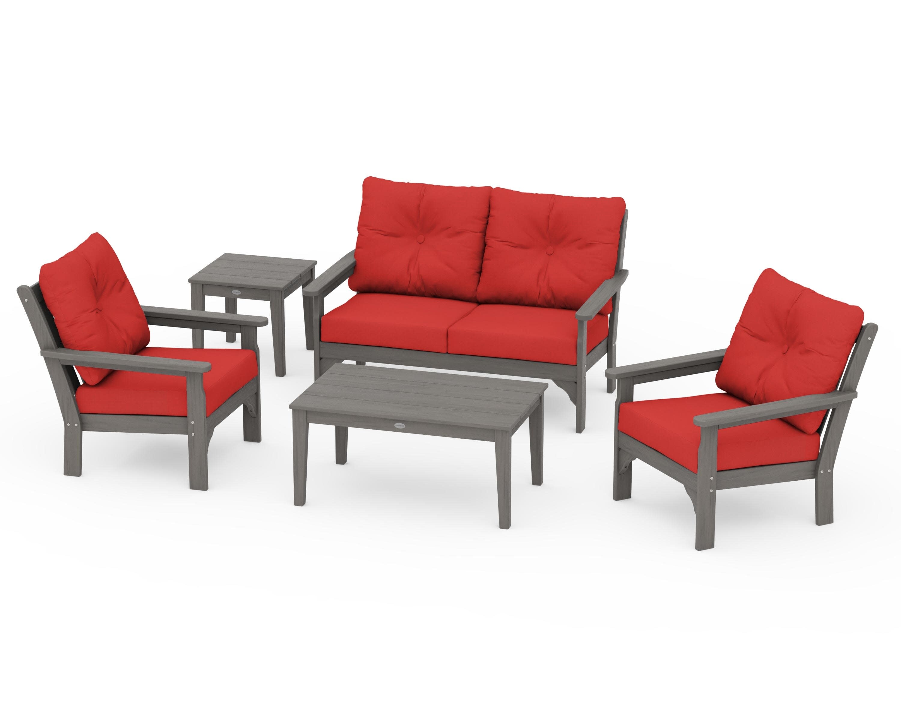 Vineyard 5-Piece Deep Seating Set in Driftwood / Crimson Linen