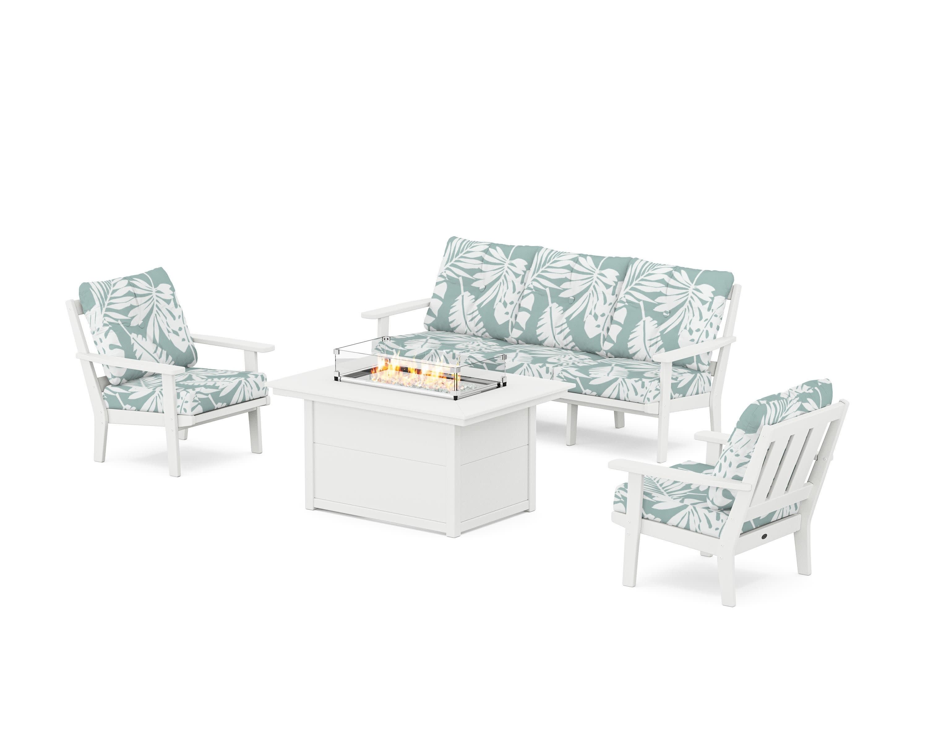 Oxford Deep Seating Fire Pit Table Set in White / Leaf Glacier Spa