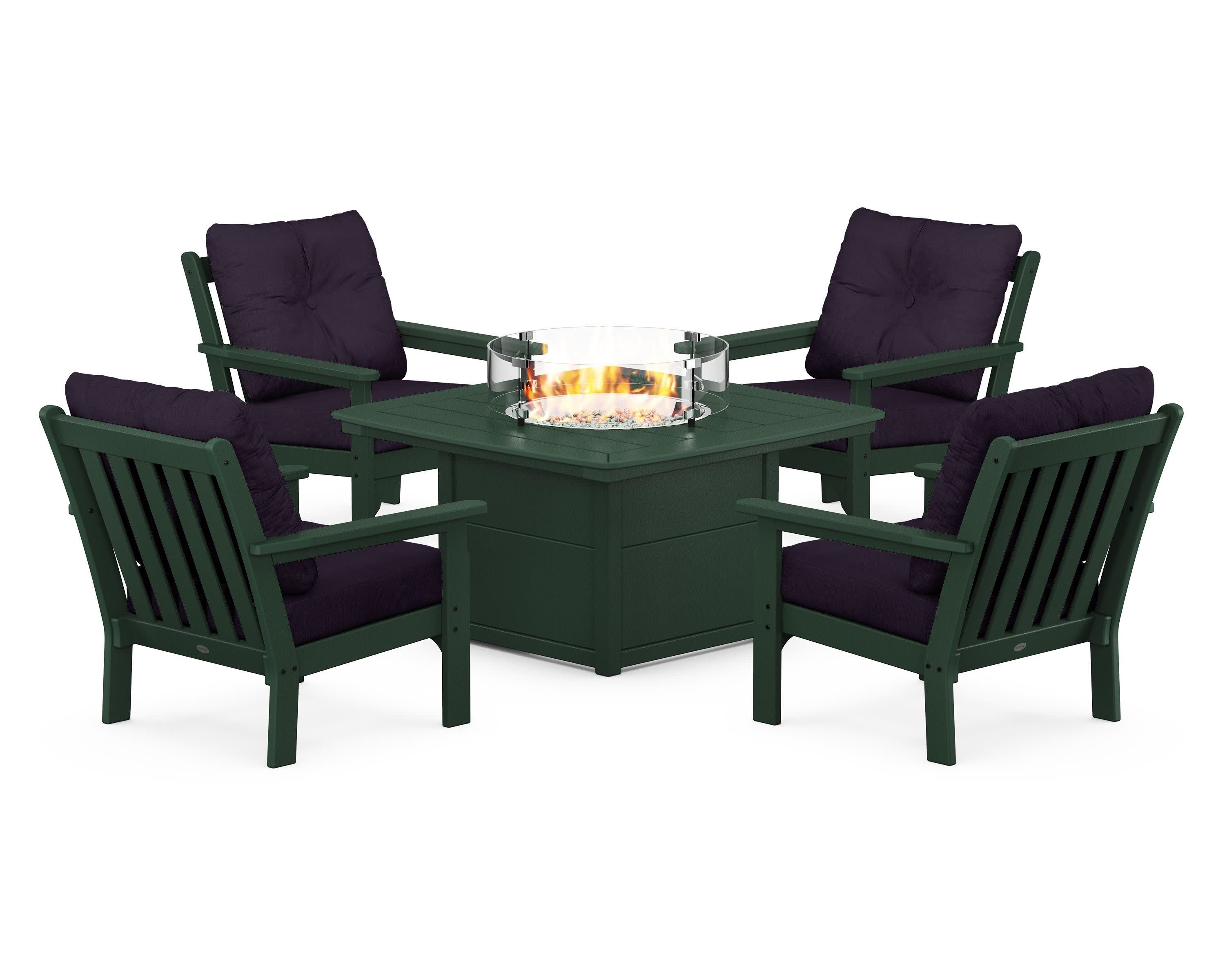 Vineyard 5-Piece Conversation Set with Fire Pit Table in Green / Navy Linen