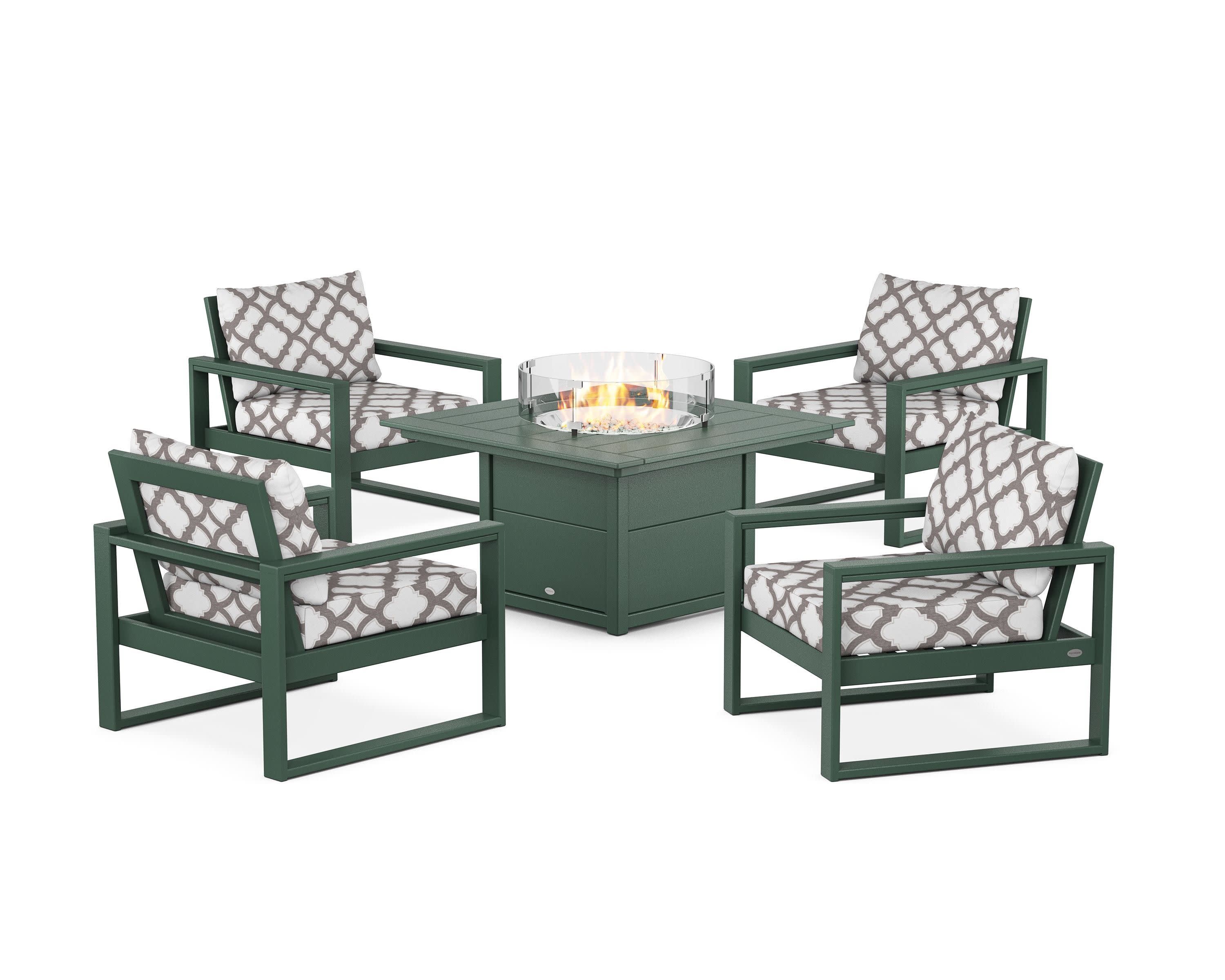 EDGE Sectional 5-Piece Deep Seating Set with Fire Pit Table in Green / Trellis Grey Mist