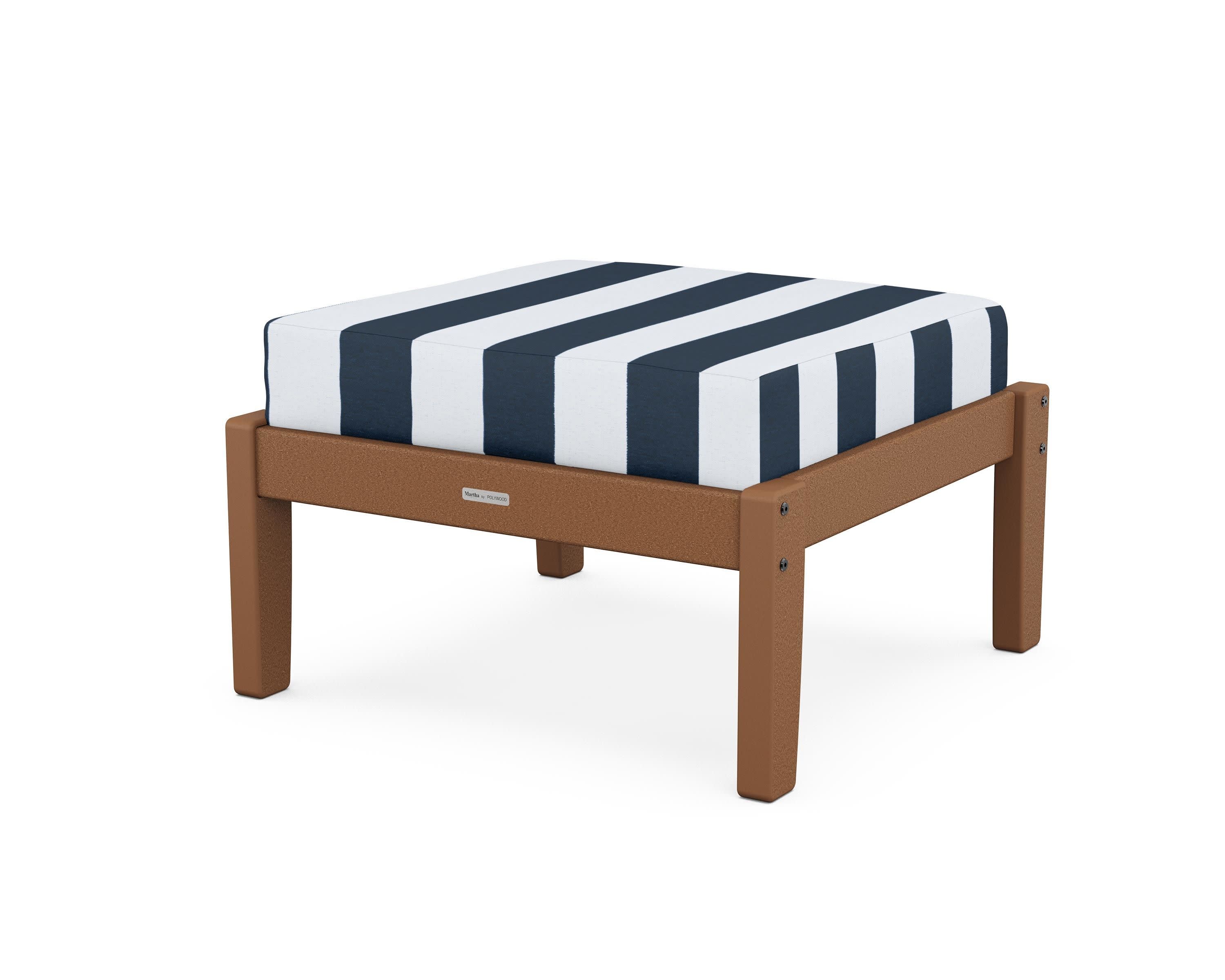 Chinoiserie Deep Seating Ottoman in Teak / Cabana Stripe Marine Indigo